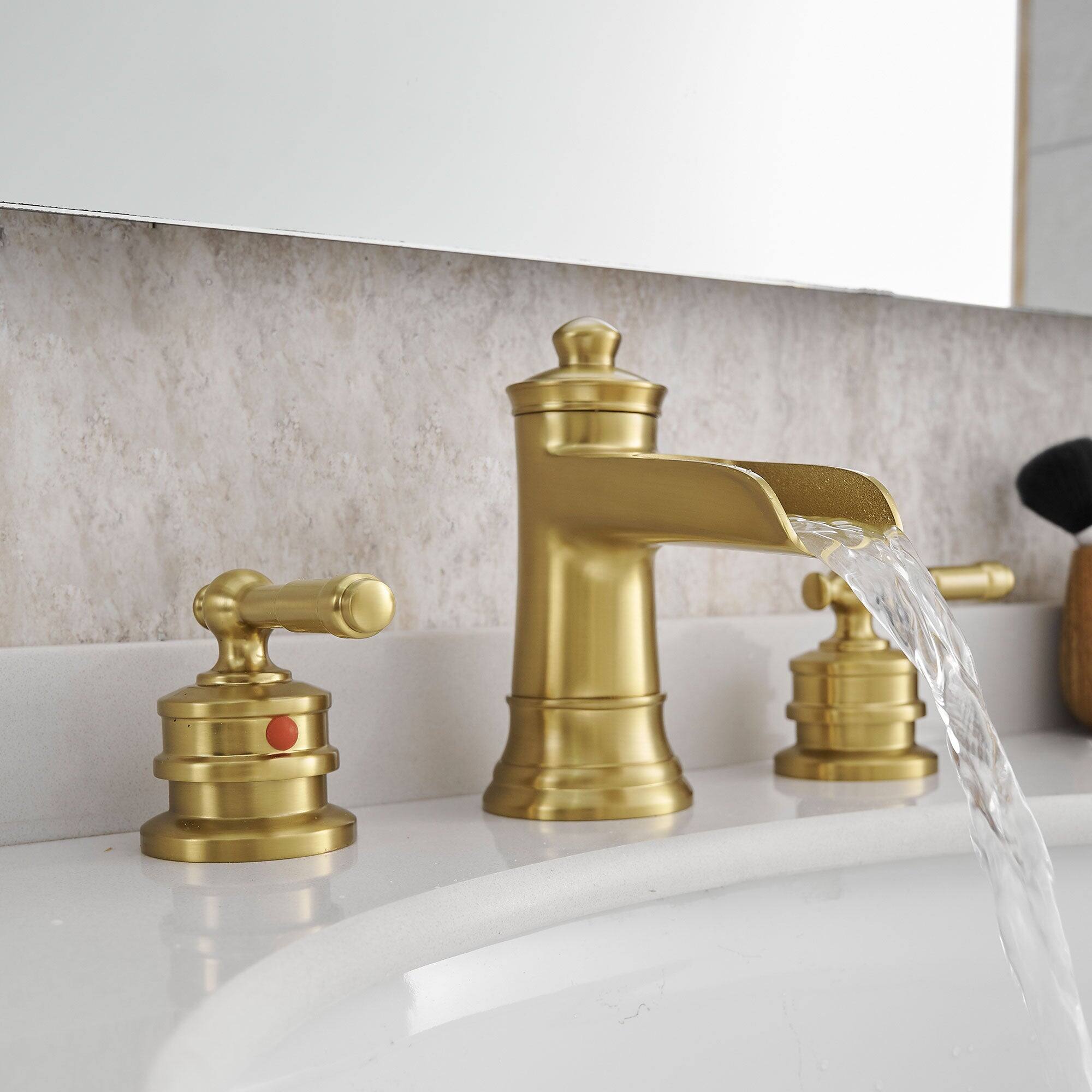 Angle. Boyel Living - Classic 8 Inch Widespread Double Handle Brass Bathroom Faucet with Pop Up Drain and Water Supply Hoses in Brushed Gold - Brushed Gold.