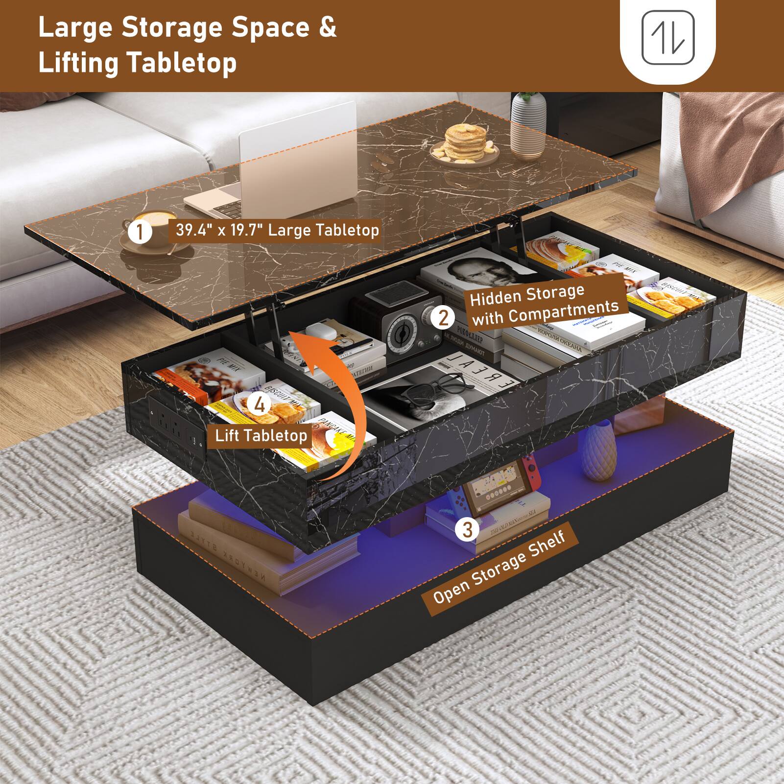 Large Storage Space & Lifting Tabletop

1. 39.4" x 19.7" Large Tabletop
2. Hidden Storage with Compartments
3. Open Storage Shelf
4. Lift Tabletop