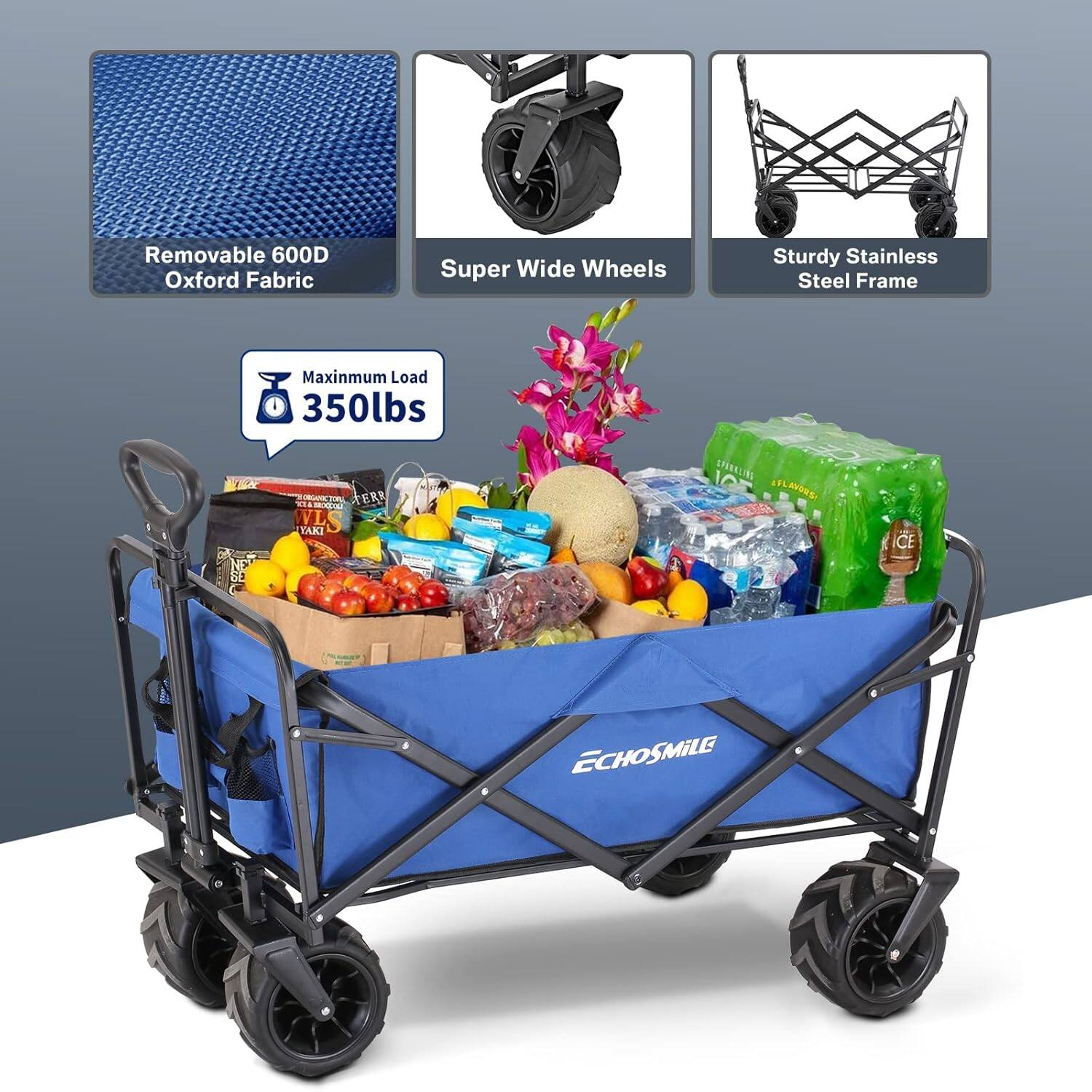 Removable 600D Oxford Fabric, Super Wide Wheels, Sturdy Stainless Steel Frame, Maximum Load 350lbs, ECHOSMILE