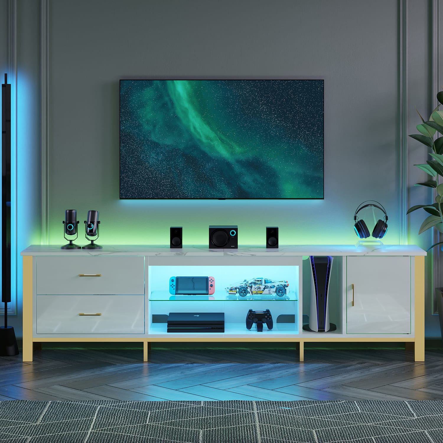 "Bestier - 80"" Modern TV Stand for TVs up to 85"", RGB LED Entertainment Center with Drawers & Open Storage - White Glossy" price history on PriceWatchPro