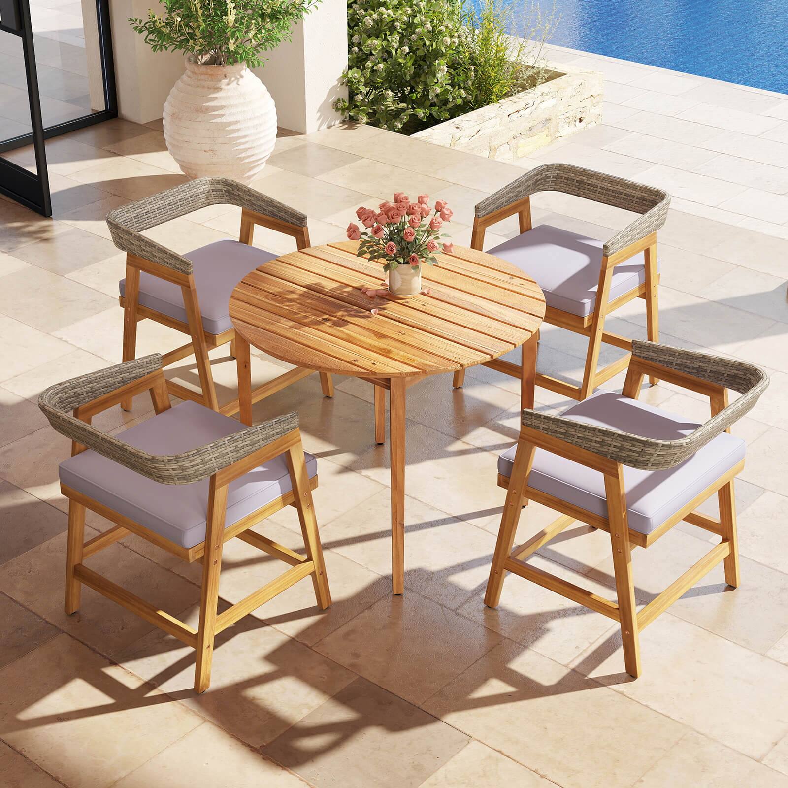 Alt View 1. Costway - Costway 5 Piece Patio Dining Set Outdoor Solid Wood Furniture with Rattan Backrest - Mix Gray.