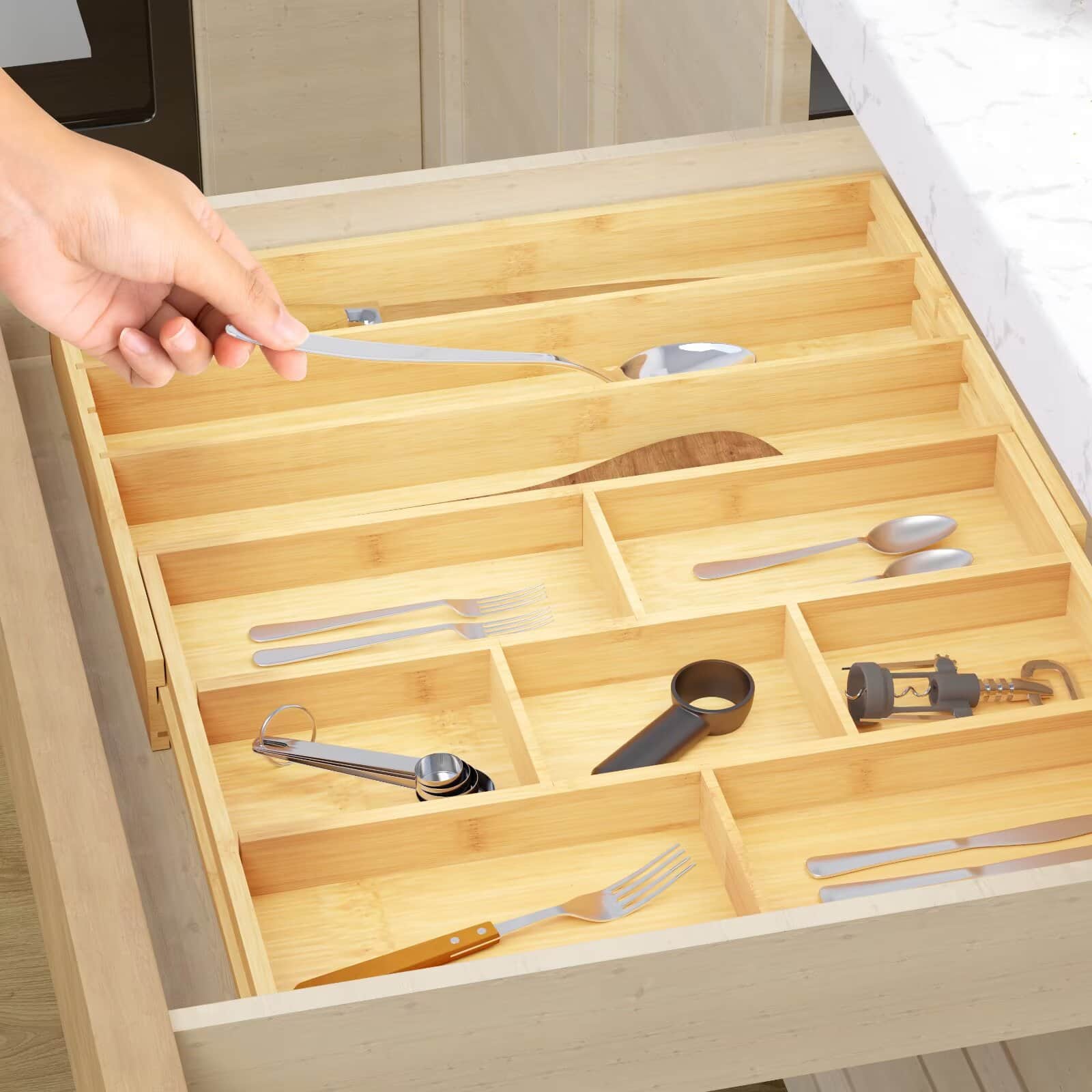 Tooloton - Expandable Bamboo Drawer Organizer for Silverware, Cutlery, Spoons and Knives with Labels, Kitchen Utensil Storage Tray - Natural