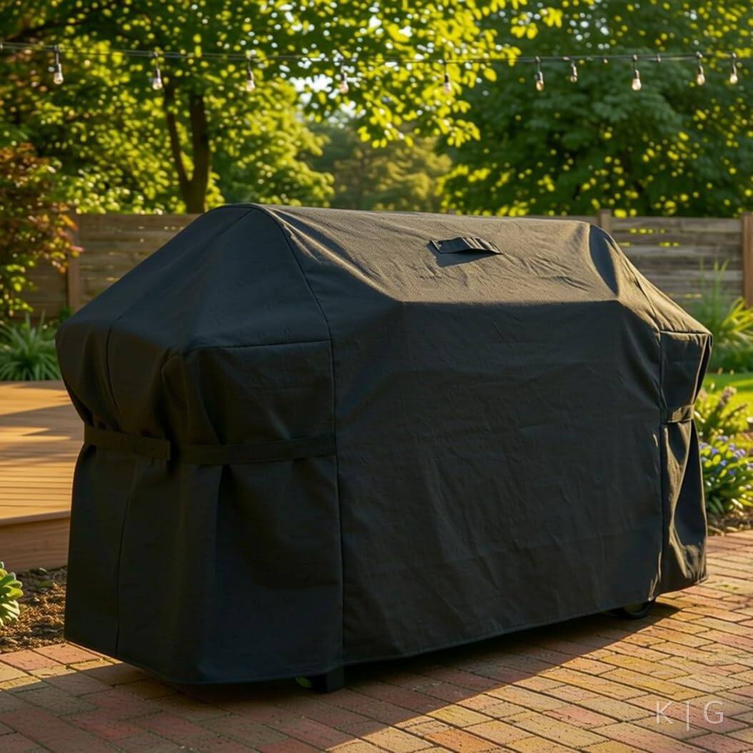 Angle. KHOMO GEAR - Grill Cover 72 Inch Waterproof, Heavy Duty BBQ Gas Grill Cover with Air Vents and Tool Pocket - 72"W x 24"D x 51"H - Black.