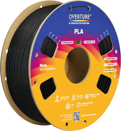 OVERTURE
3D PRINTING FOR EVERYONE
PLA
Black
Batch VC01CB0618
FILAMENT WEIGHT
1kg
DIAMETER
1.75mm ± 0.02mm
EMPTY SPOOL WEIGHT
-142g
NOZZLE TEMP.
190 - 230°C
BED TEMP.
35 - 60°C
PRINTING SPEED
< 300 mm/s
FAN
On
DRYING SETTINGS
55°C / 6h
Scan to Download Print Profile and Instruction
profile.overture3d.com