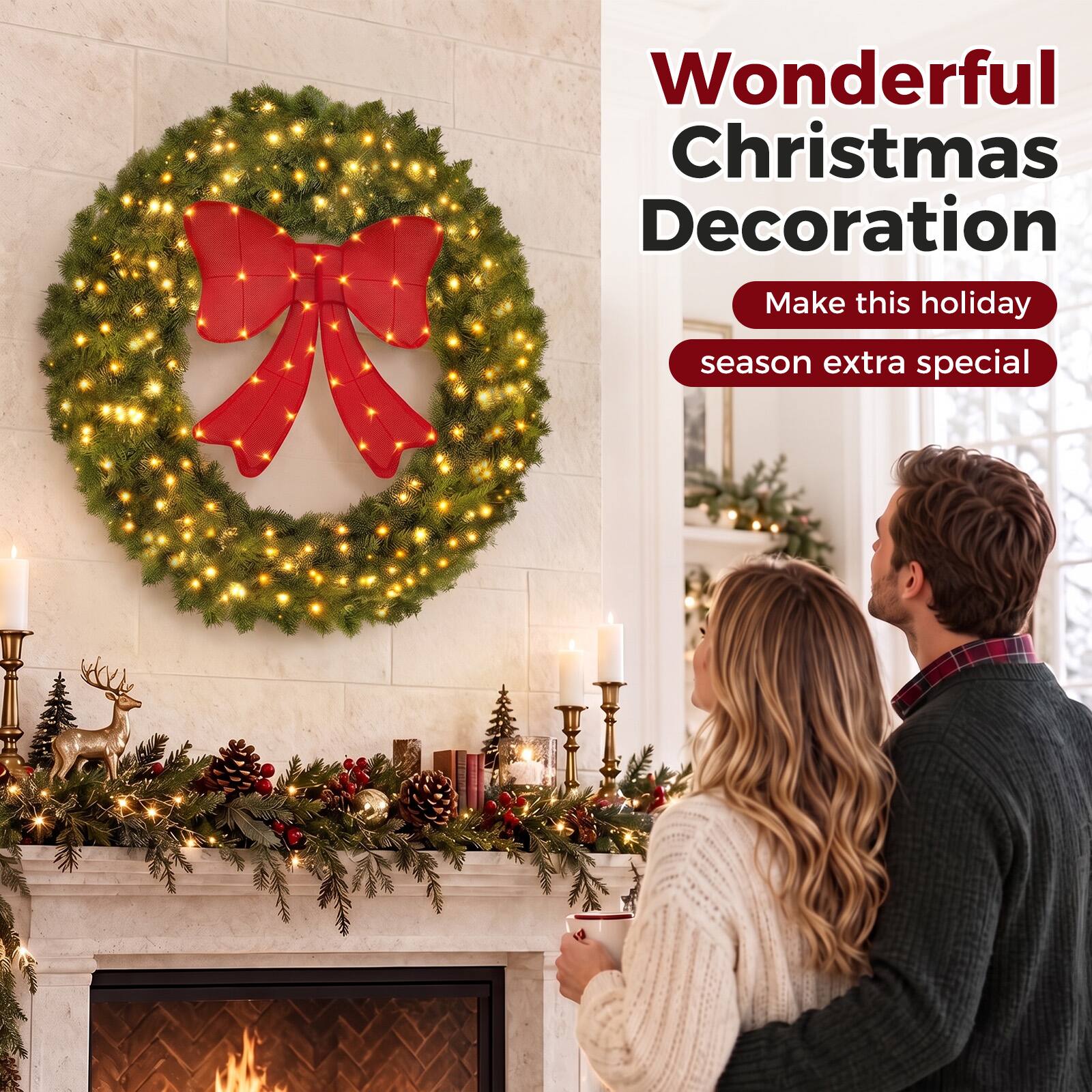 Sweetcrispy 30in Pre Lit Christmas Wreath, Lighted Artificial Holiday ...
