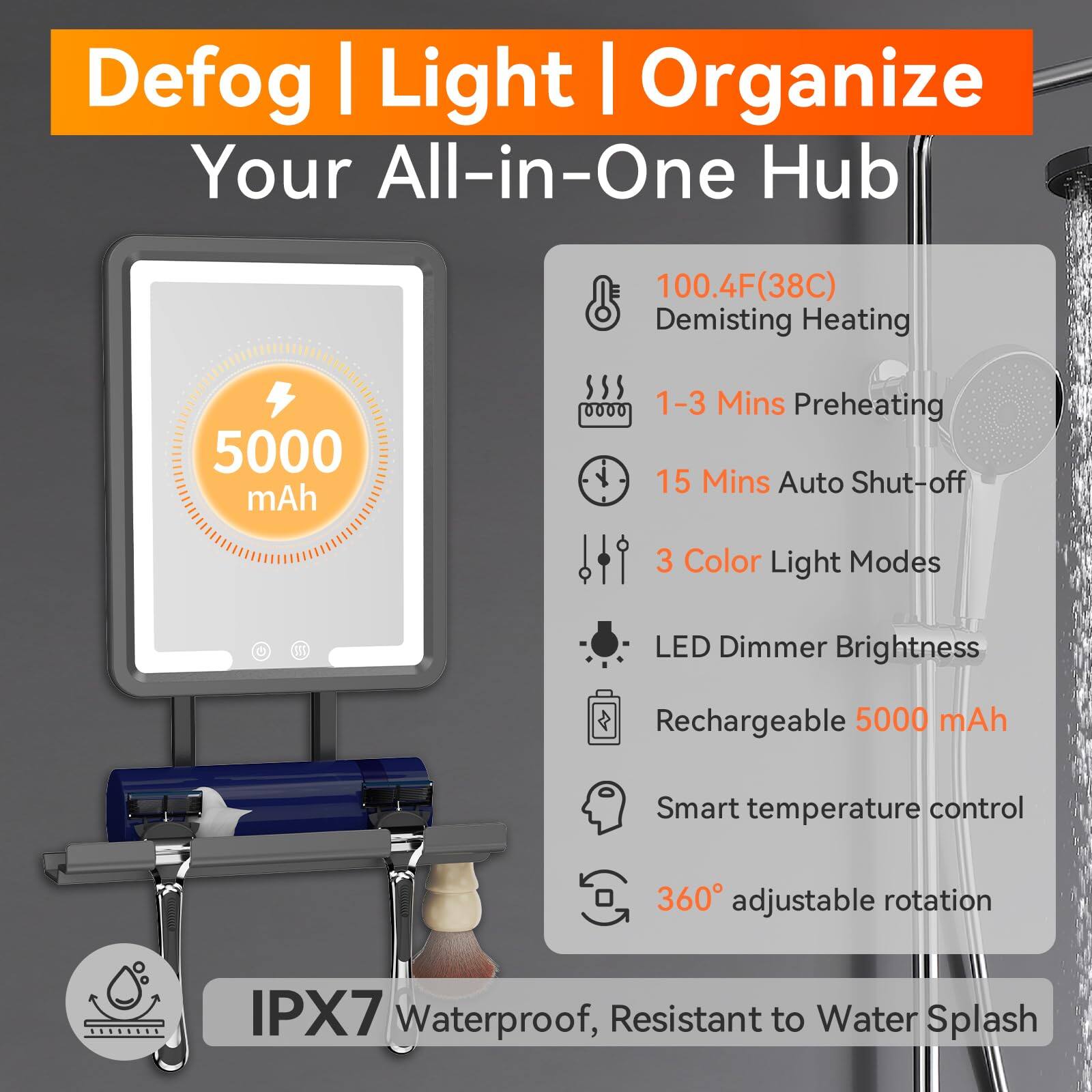 Defog | Light | Organize  
Your All-in-One Hub  

- 100.4F (38C) Demisting Heating  
- 1-3 Mins Preheating  
- 15 Mins Auto Shut-off  
- 3 Color Light Modes  
- LED Dimmer Brightness  
- Rechargeable 5000 mAh  
- Smart temperature control  
- 360° adjustable rotation  
- IPX7 Waterproof, Resistant to Water Splash  

5000 mAh