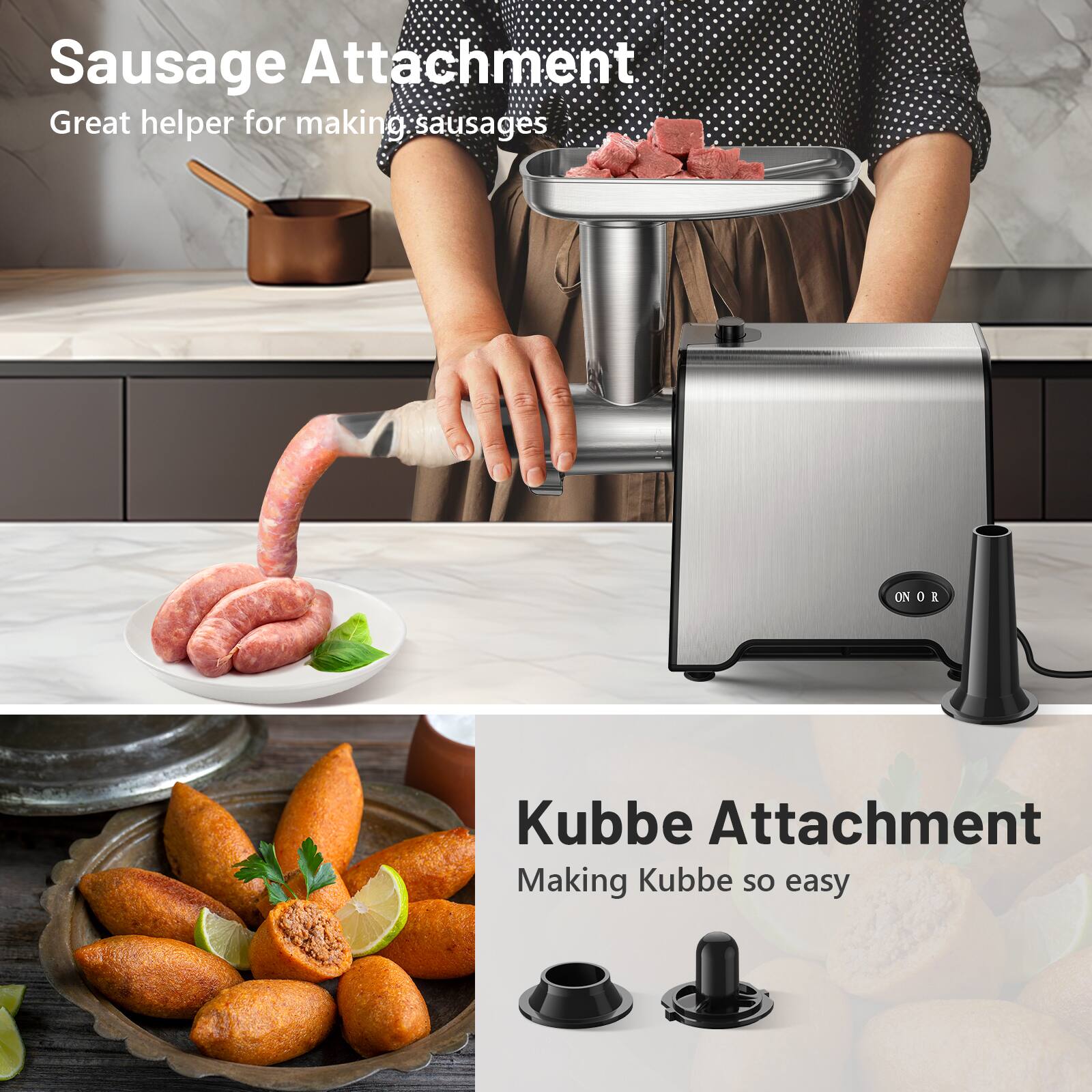 Sausage Attachment  
Great helper for making sausages  

Kubbe Attachment  
Making Kubbe so easy