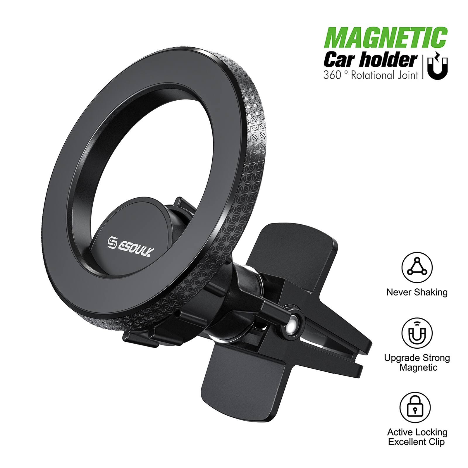 MAGNETIC Car holder | 360° Rotational Joint | S ESOULK | Never Shaking | Upgrade Strong Magnetic | Active Locking | Excellent Clip