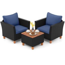 Costway - 3PCS Patio Rattan Furniture Set Cushioned Sofa Storage Table Wood Top - Navy