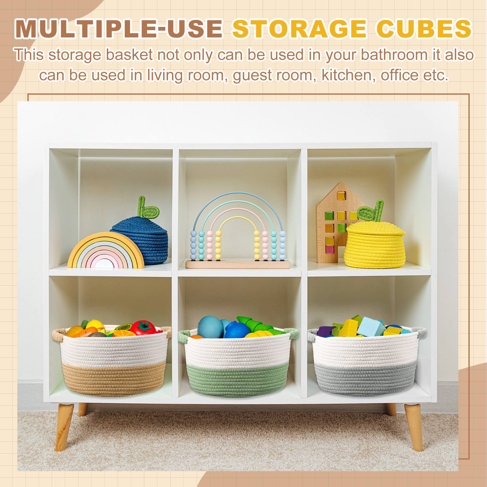 MULTIPLE-USE STORAGE CUBES

This storage basket not only can be used in your bathroom, it also can be used in living room, guest room, kitchen, office etc.