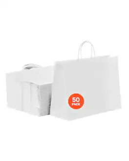 VEVOR - Kraft Paper Bags with Handles, 50Pcs 16 x 6 x 12 in, Large Paper Grocery Bags, Reusable & Recycled Take-Out Sacks - White