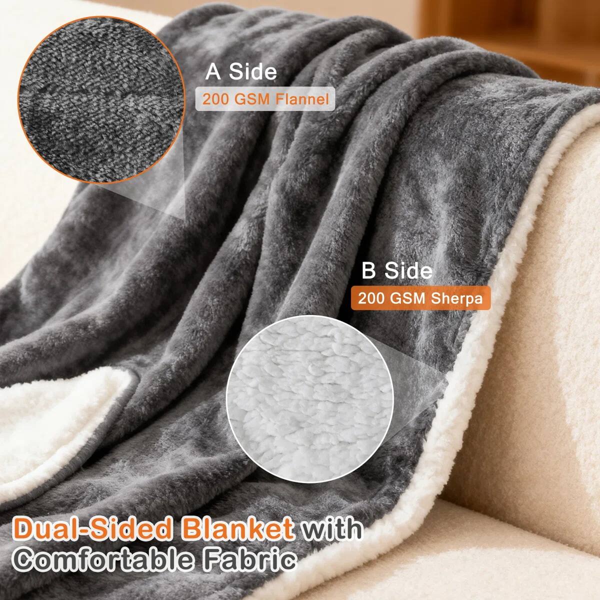A Side  
200 GSM Flannel  

B Side  
200 GSM Sherpa  

Dual-Sided Blanket with Comfortable Fabric