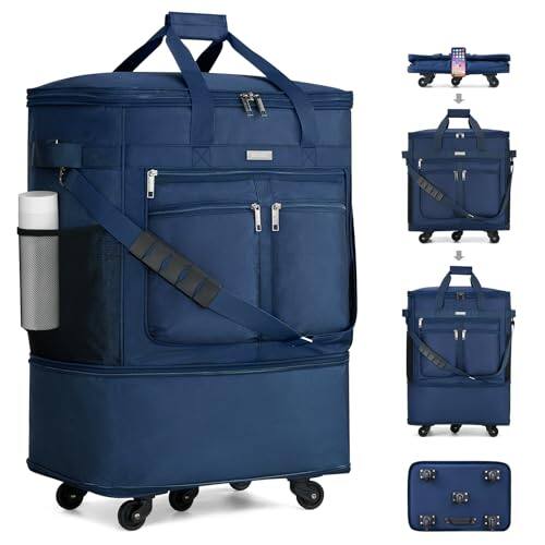 Front. Vulpecula Spade - Expandable Luggage Bags for Travel Foldable Suitcase with Wheels Collapsible Rolling Travel Duffle Bag Lightweight Large - Blue.
