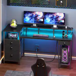 Furnulem - L Shaped Gaming Desk with LED Lights Power Outlet Fabric Drawers Reversible Corner Computer Desk for Home Office - Black
