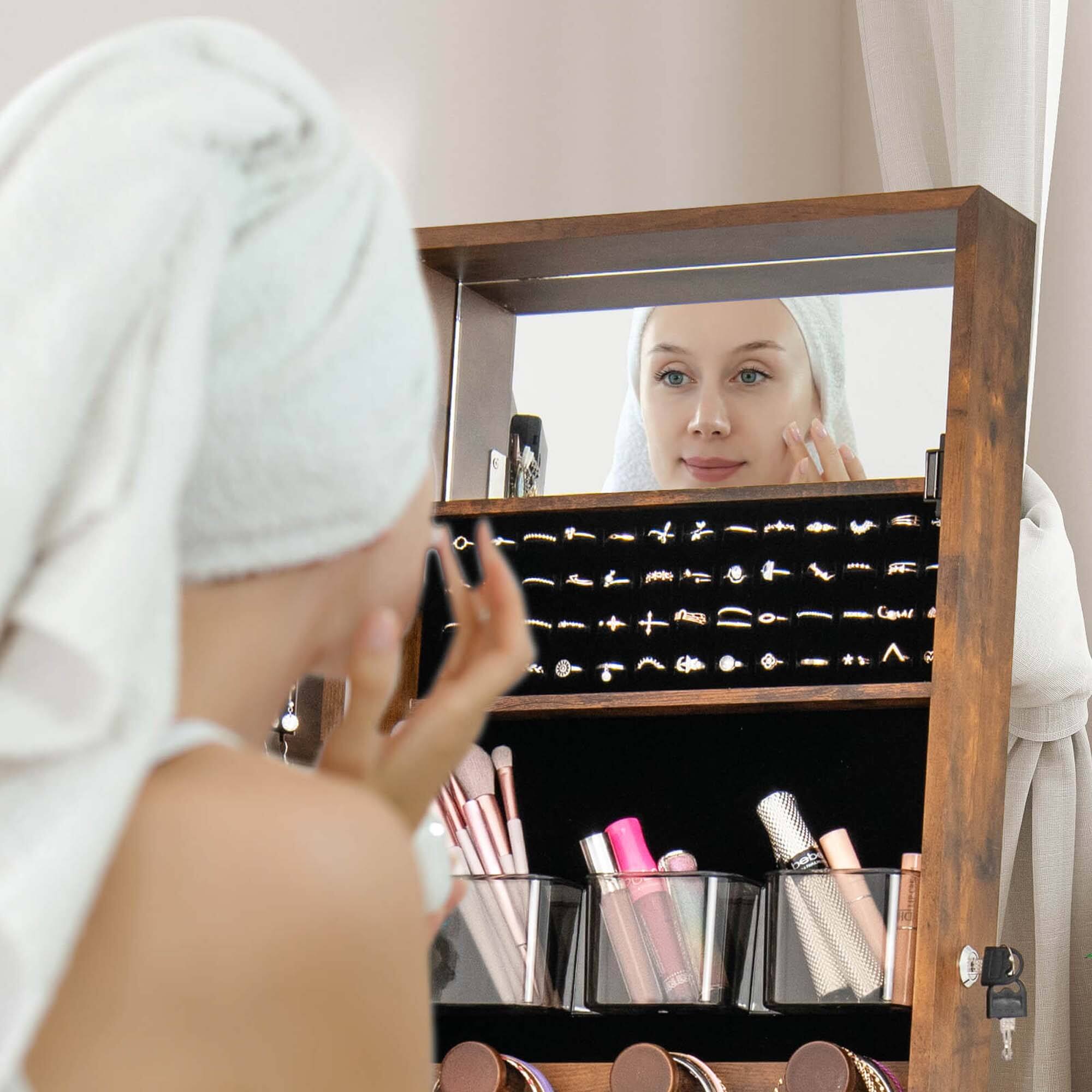 Alt View 4. Costway - Costway LED Mirror Jewelry Cabinet with 20 LED Lights Full-Length Mirror Adjustable Angles - Brown.