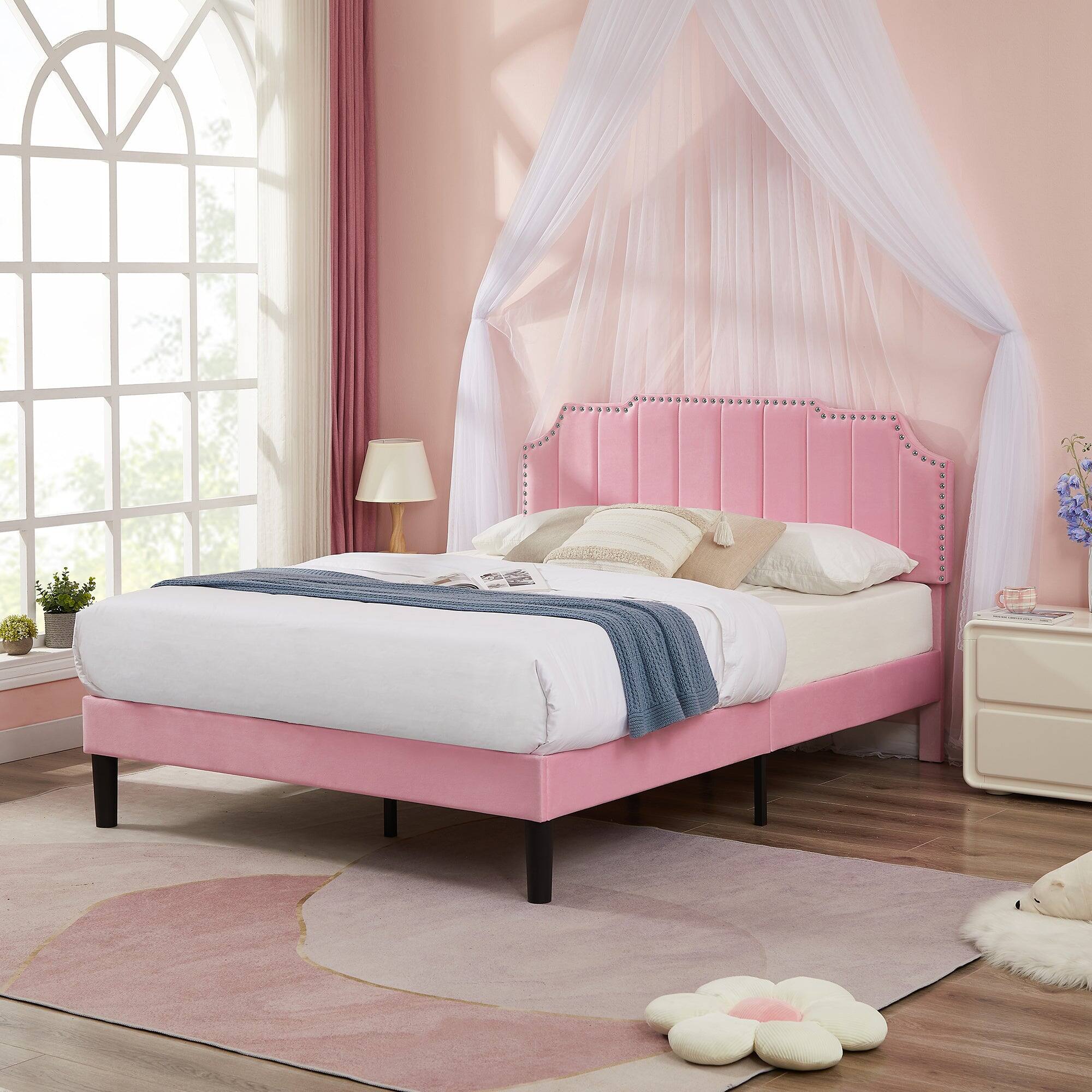 Alt View 2. Vecelo - Queen Upholstered Platform Bed Frame with Tufted Adjustable Headboard/Mattress Foundation/Wood Slat Support - Pink.