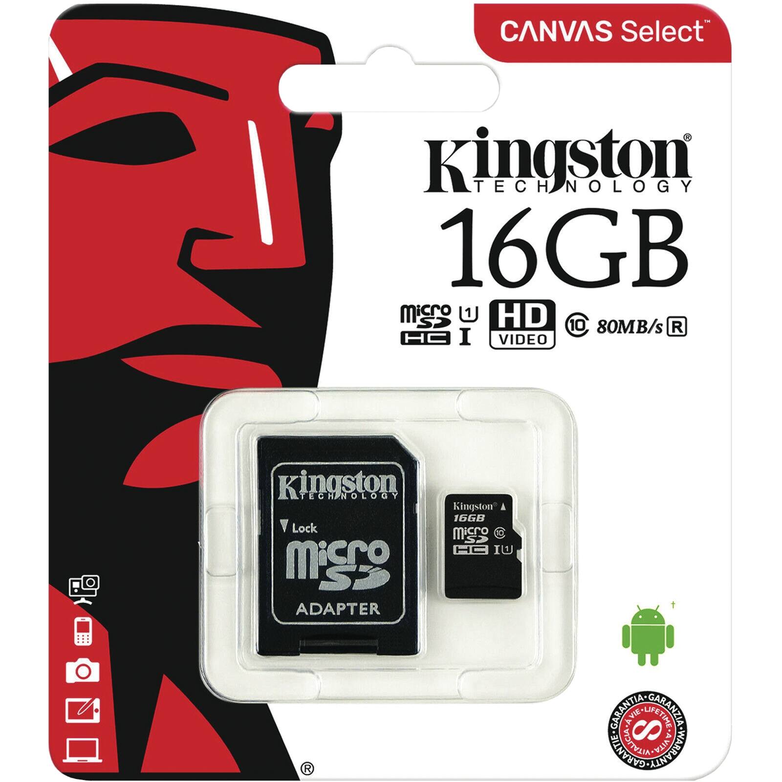 CANVAS Select  
Kingston TECHNOLOGY  
16GB  
microSD  
HD  
10  
80MB/s  
R  
VIDEO  
Kingston TECHNOLOGY  
Lock  
ADAPTER  
GARANTIA AVIE.  
UFETIME GARANZIA  
8 WTIOACUIN PAEVTICN
