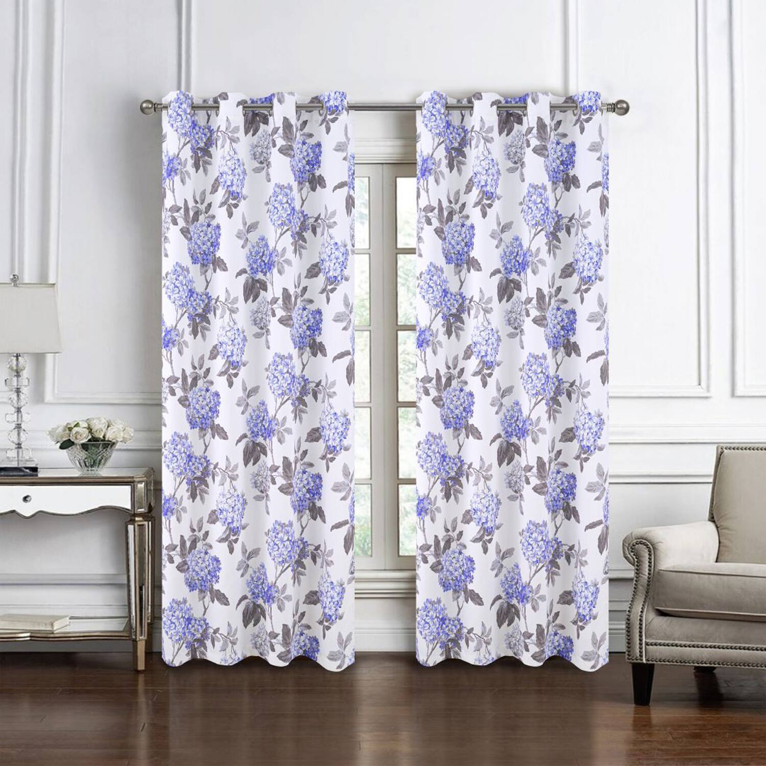 Angle. Olivia Gray - Olivia Gray 100% Polyester 200 GSM Hydrangea Printed Blackout Grommet Curtain Panel 54" x 90" Lilac - Lilac.