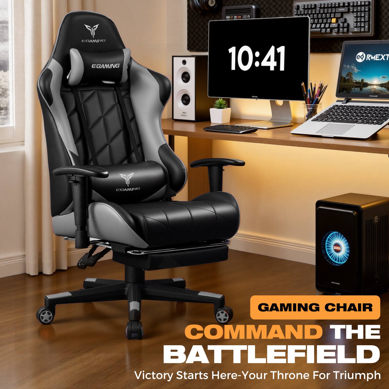 EGAMING  
EGAMING  
EGAMING  

10:41  

GAMING CHAIR  
COMMAND THE BATTLEFIELD  
Victory Starts Here-Your Throne For Triumph