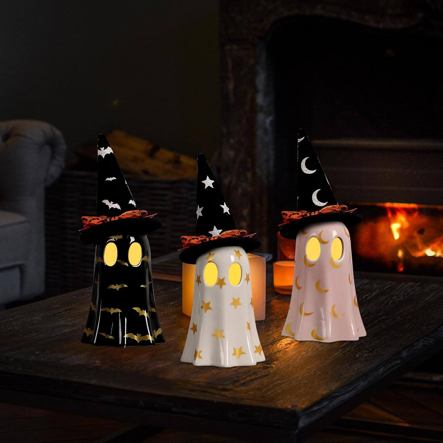 Back. Sunoyar - Halloween Ceramic Ghost Figurines with Witch Hats and Tea Lights 3 Piece Set - White.