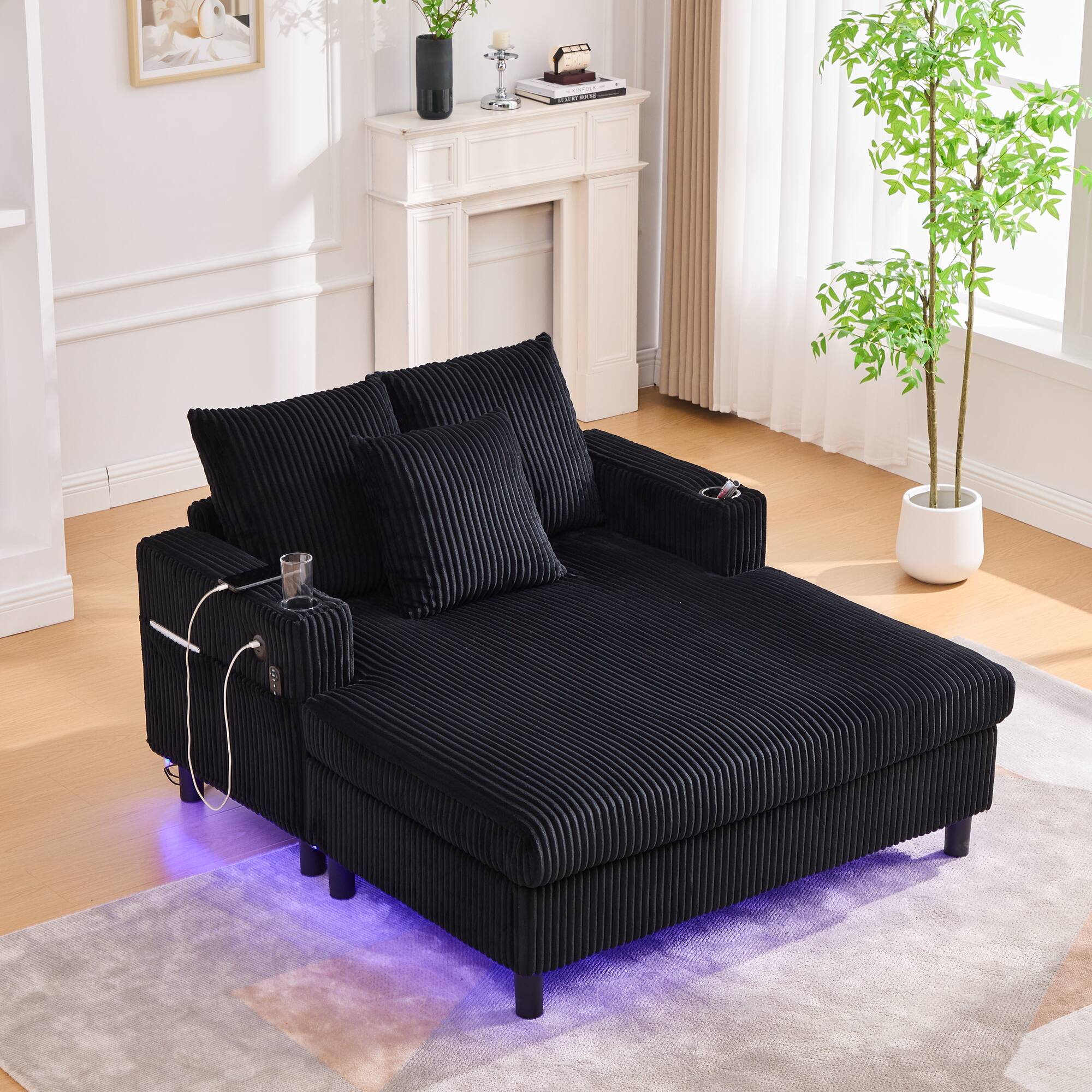 Alt View 7. Trinkets Crazed - Modern Corduroy Oversized Recliner Sofa with Deep Seat, USB Charging,RGB LED Light Strip - Black.