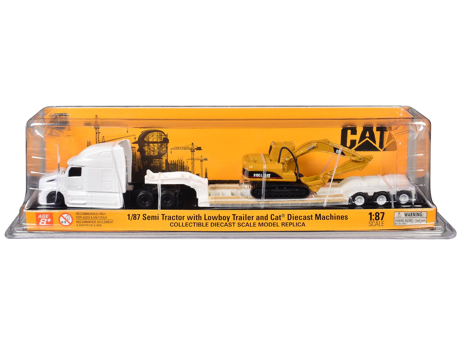 CAT ad S1GL AT AGE 8+ RECOMMENDED ONLY 20 FOR AGES 1 AND OVER 03 RECOMMENDED SEULEMENT A PARTIR DE 8 ANS 1/87 Semi Tractor with Lowboy Trailer and Cat Diecast Machines COLLECTIBLE DIECAST SCALE MODEL REPLICA 1:87 SCALE WARNING: CHOKING HAZARD - small parts