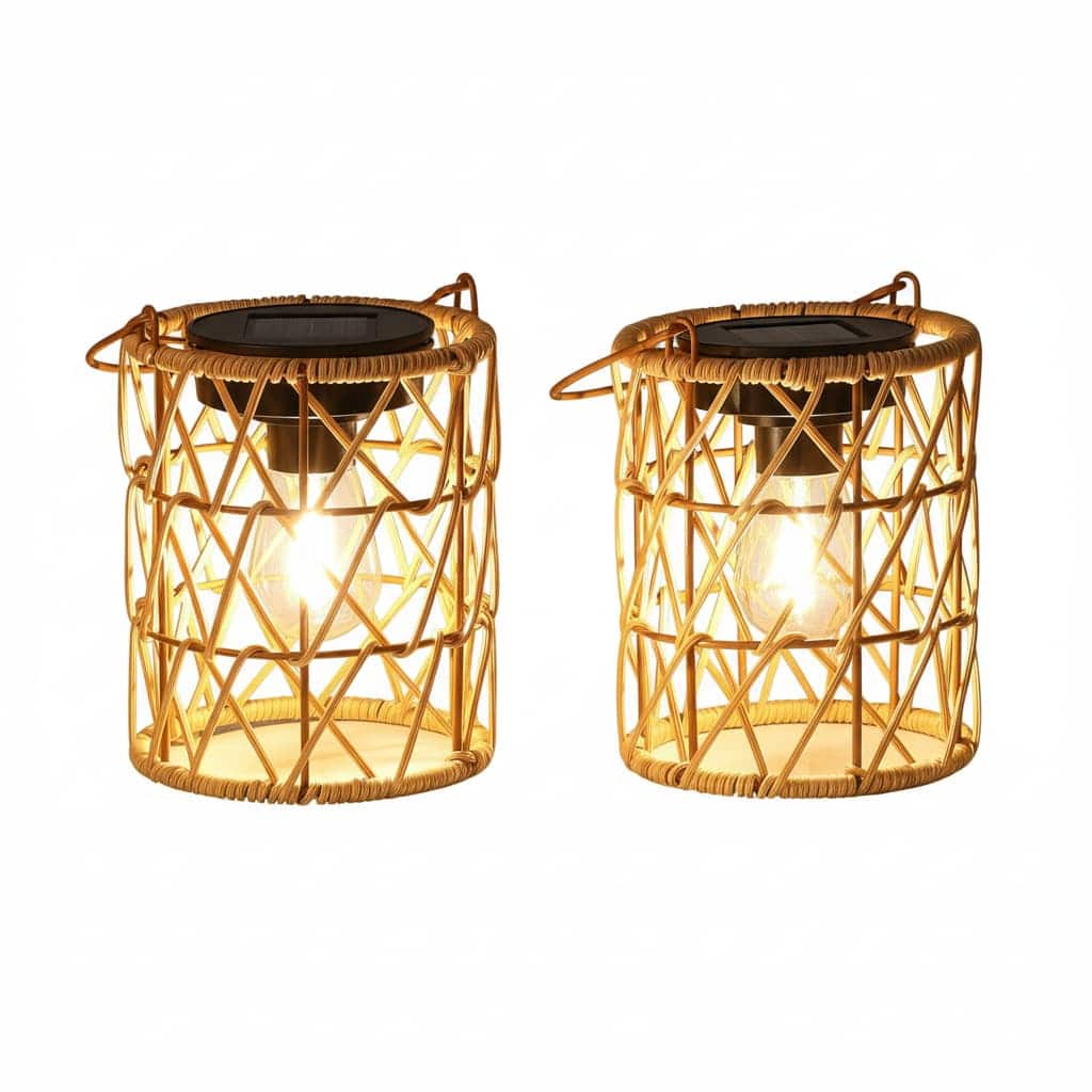 FINEAK - 5.9" 2 Pack Rattan Solar Hanging Lanterns - Waterproof with Handle Outdoor Bright - Brown