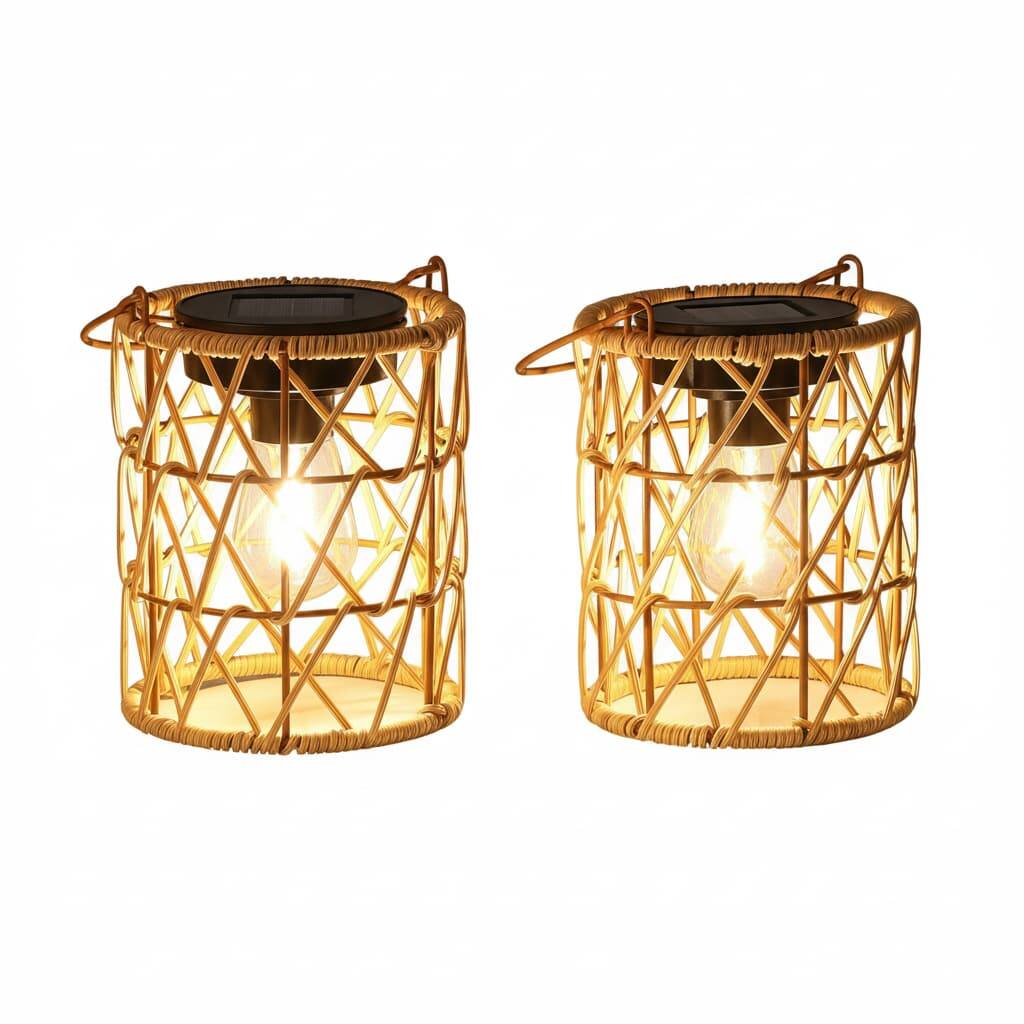 Front. FINEAK - 5.9" 2 Pack Rattan Solar Hanging Lanterns - Waterproof with Handle Outdoor Bright - Brown.