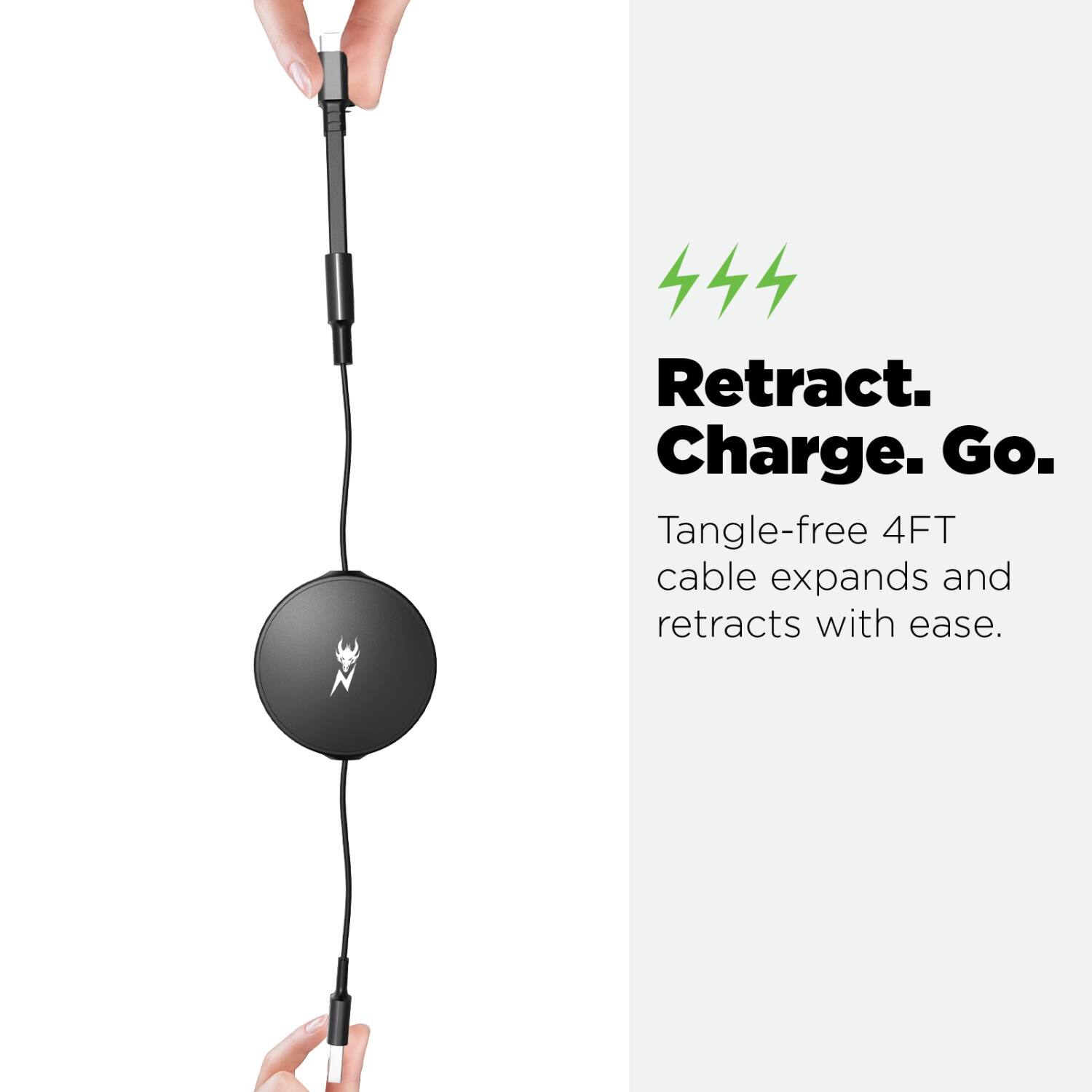 Retract. Charge. Go.

Tangle-free 4FT cable expands and retracts with ease.