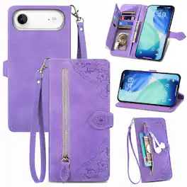 Dteck - for Apple iPhone Air 2025 Wallet Case,Folio Shockproof PU Leather Card Holder Cover with Zipper Pocket & Wrist Strap - Purple