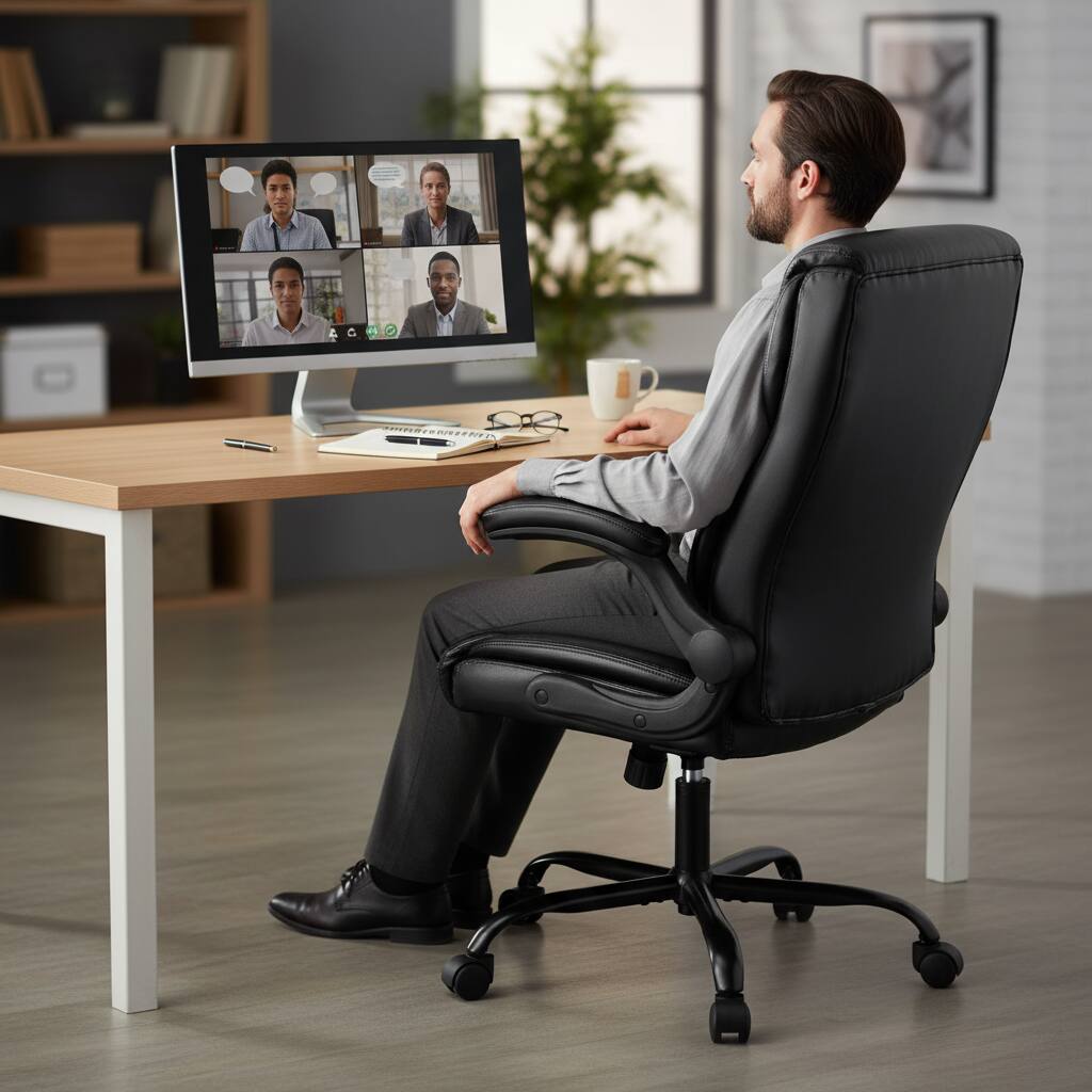 Alt View 5. AOITUN - Comfort Executive Office Chair for Long Work Hours, Brown PU Leather Seat with Flip-Up Arms, Ideal for Home or Office - Black.