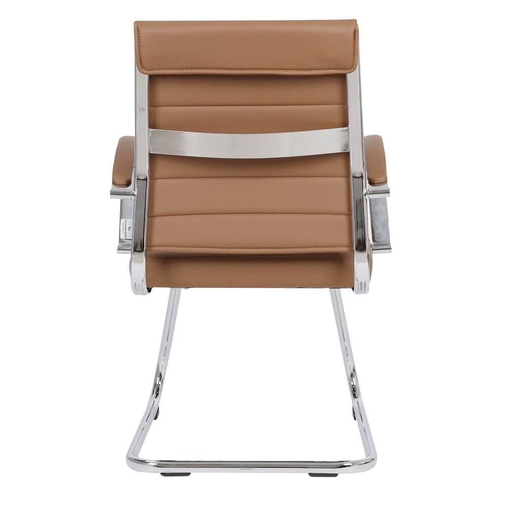 Alt View 6. LeisureMod - Set of 8 Benmar Modern Leather Office Desk Chair with Chrome Frame, Sled Base, and Padded Armrests - Light Brown.