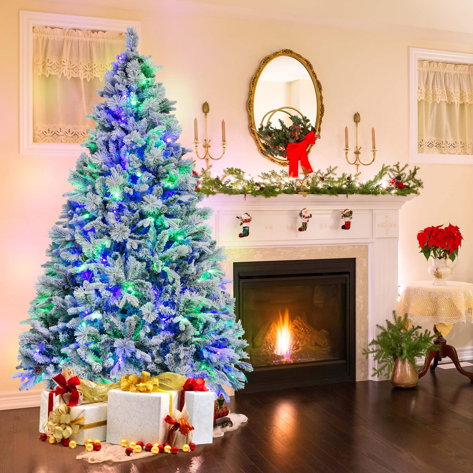 Alt View 14. Costway - 7 FT Pre-Lit Snow Flocked Christmas Tree Hinged Xmas Tree with 8 Modes 320 Lights - Green/White.