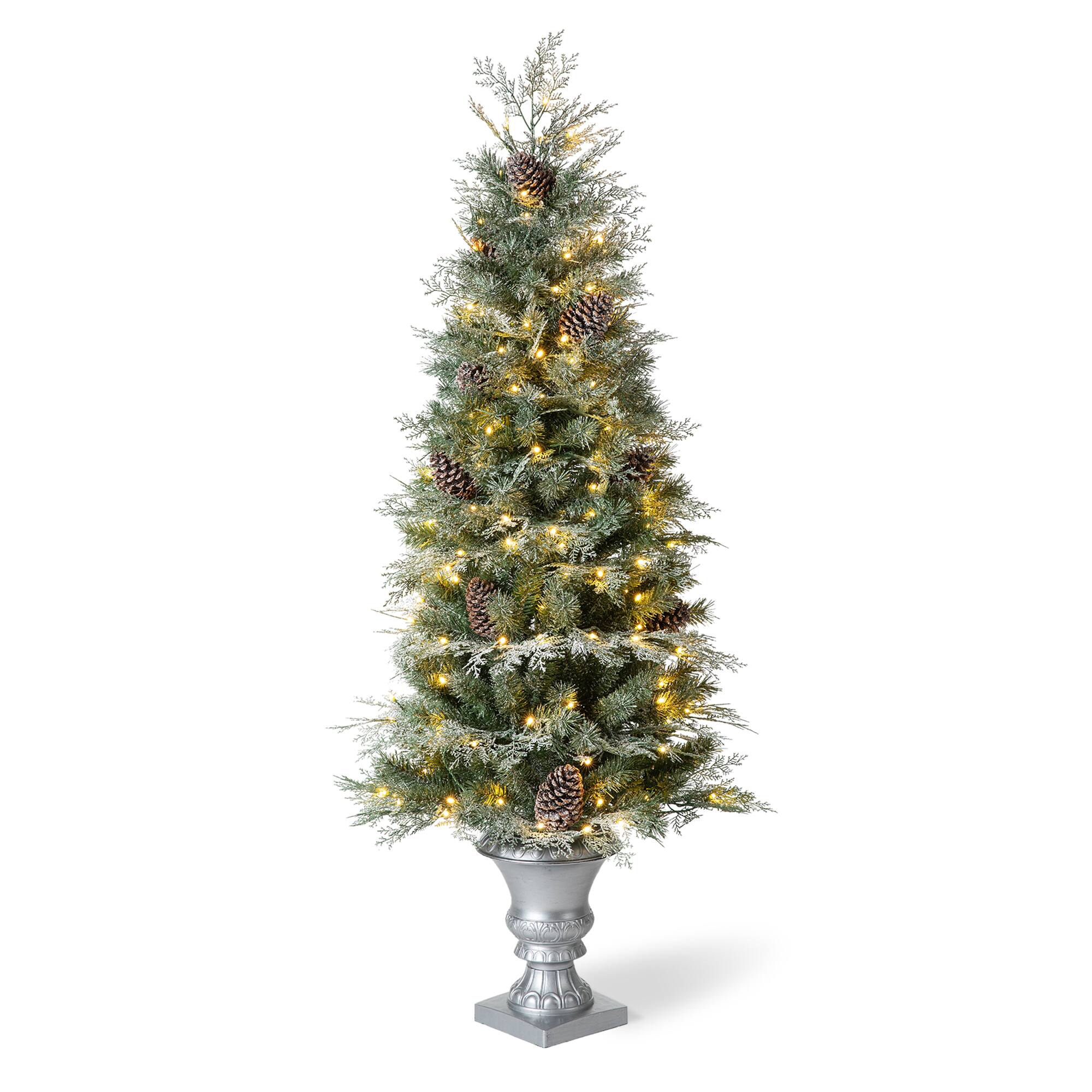 Angle. Glitzhome - 5ft Pre-Lit Pine Artificial Christmas Porch Tree with 180 Warm White Lights and Pinecones - White.