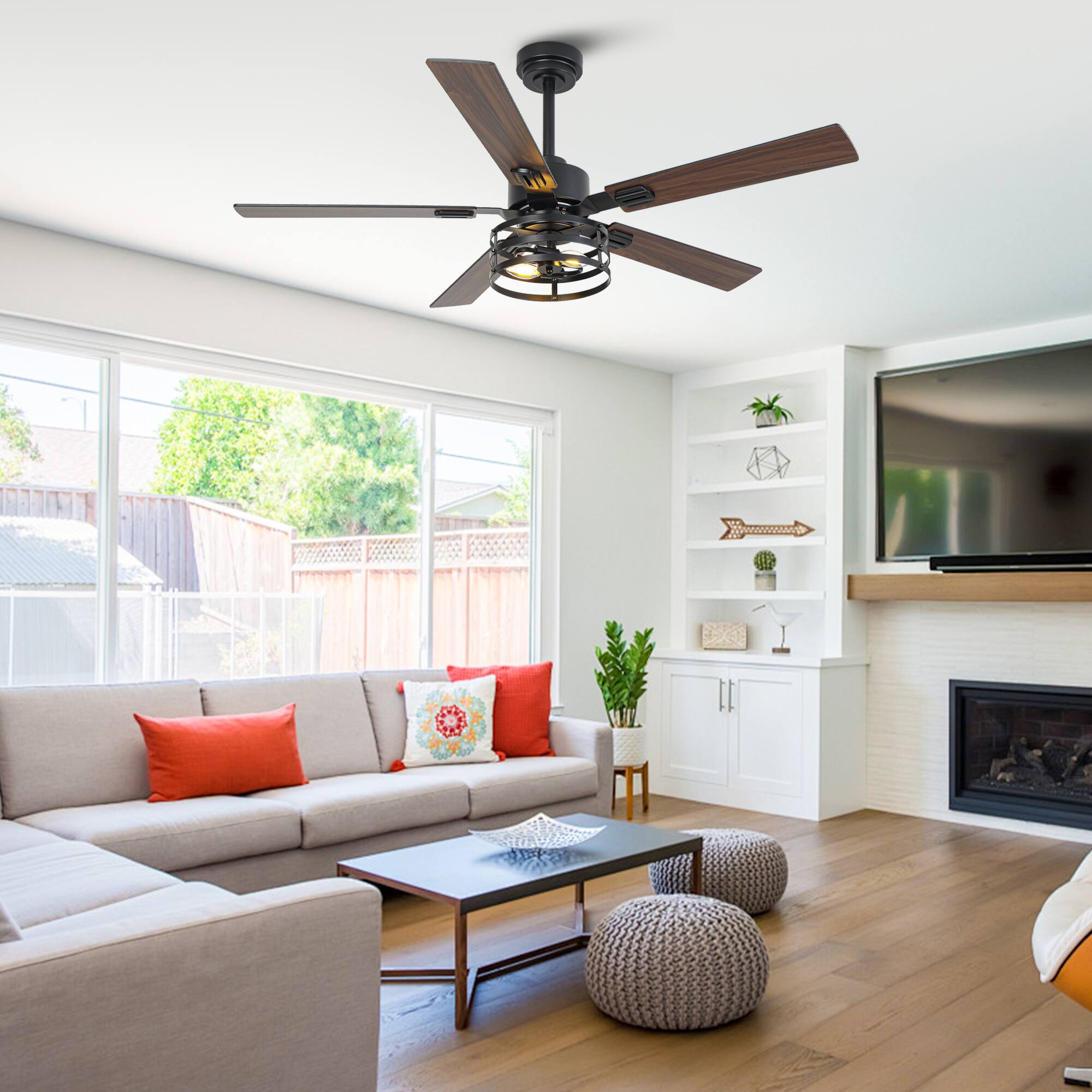 Angle. Vaczon - 52" Industrial Black 6-Speed Metal Cage Ceiling Fan with Light and APP - Black.