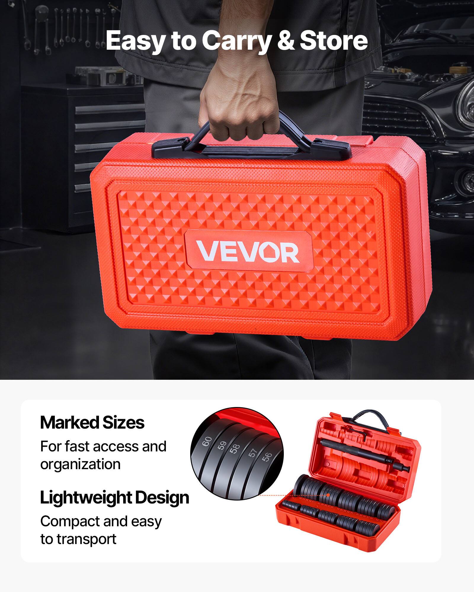 Easy to Carry & Store

VEVOR

Marked Sizes  
For fast access and organization

Lightweight Design  
Compact and easy to transport