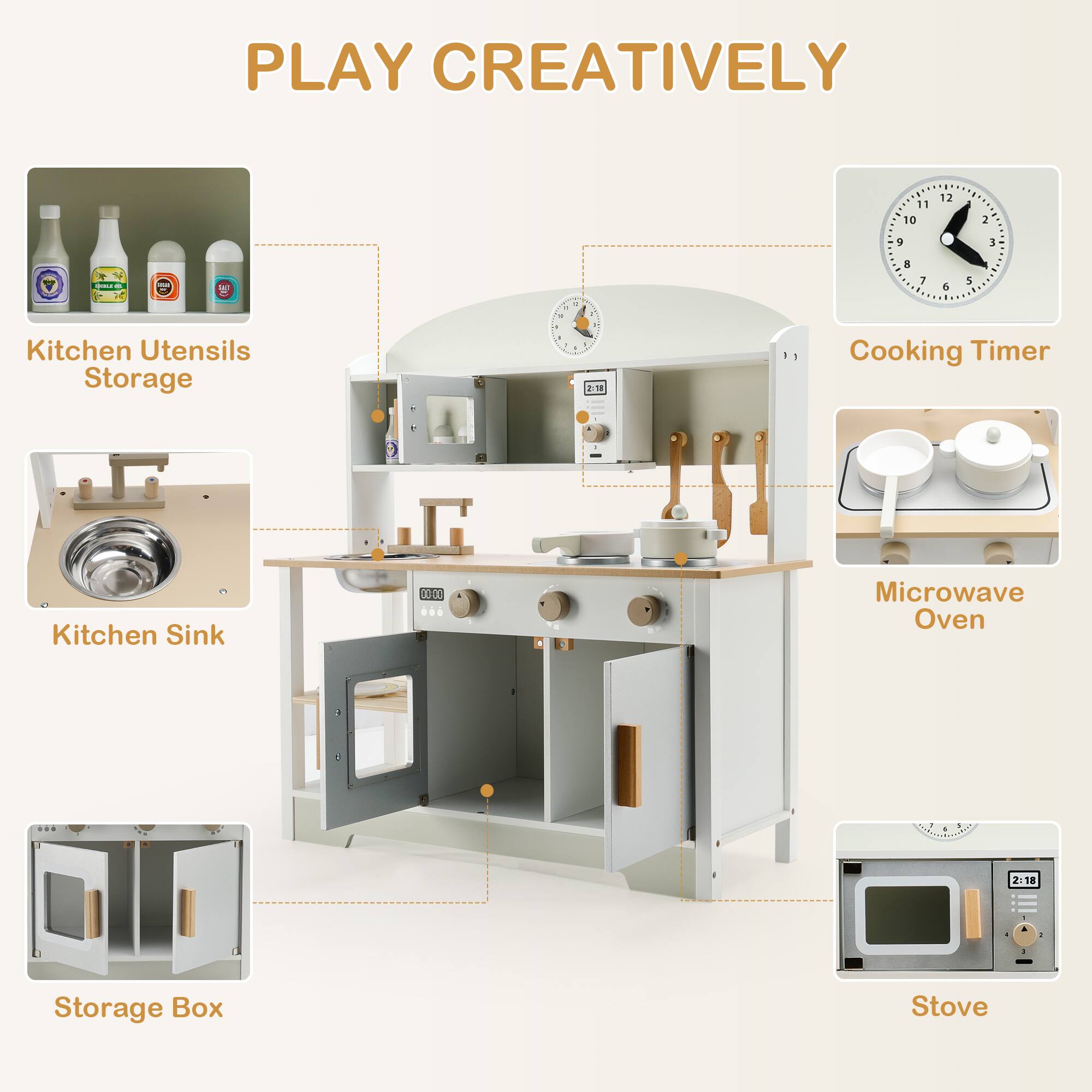 PLAY CREATIVELY

- Kitchen Utensils Storage
- Kitchen Sink
- Cooking Timer
- Microwave Oven
- Storage Box
- Stove