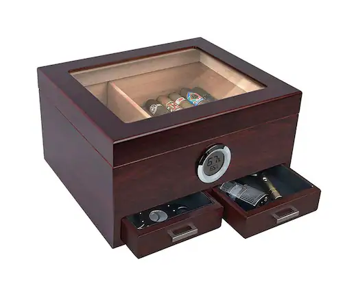 Front. Prestige - Imperial Glasstop Humidor w/ Storage - Dark Cherry Finish.