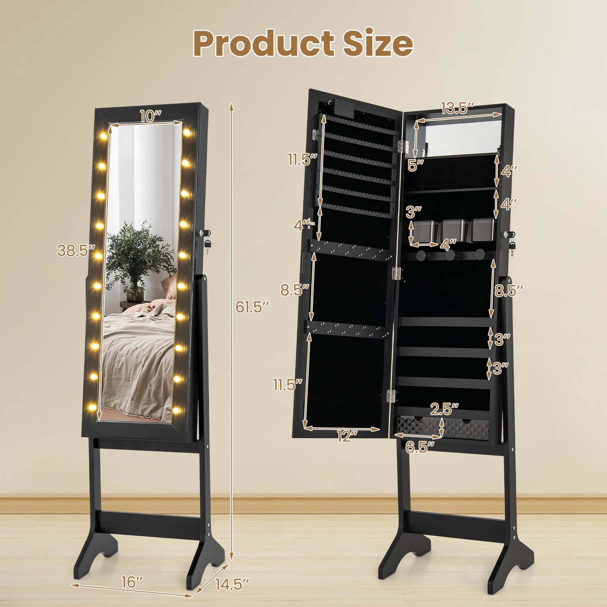 Product Size

- 10" (Width)
- 38.5" (Height)
- 61.5" (Height with stand)
- 16" (Base width)
- 14.5" (Base depth)

- 13.5" (Shelf width)
- 11.5" (Shelf depth)
- 8.5" (Shelf height)
- 4" (Shelf spacing)
- 3" (Shelf spacing)
- 2.5" (Shelf depth)
- 6.5" (Shelf depth)
- 12" (Shelf depth)