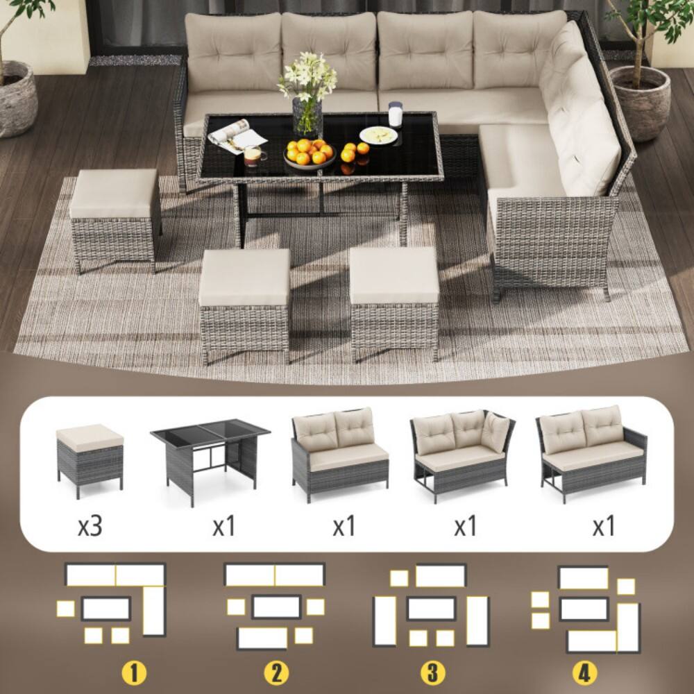 Alt View 2. Mondawe - 7 Pieces Patio Dining Furniture Set with Soft Cushions and Ottomans - White.