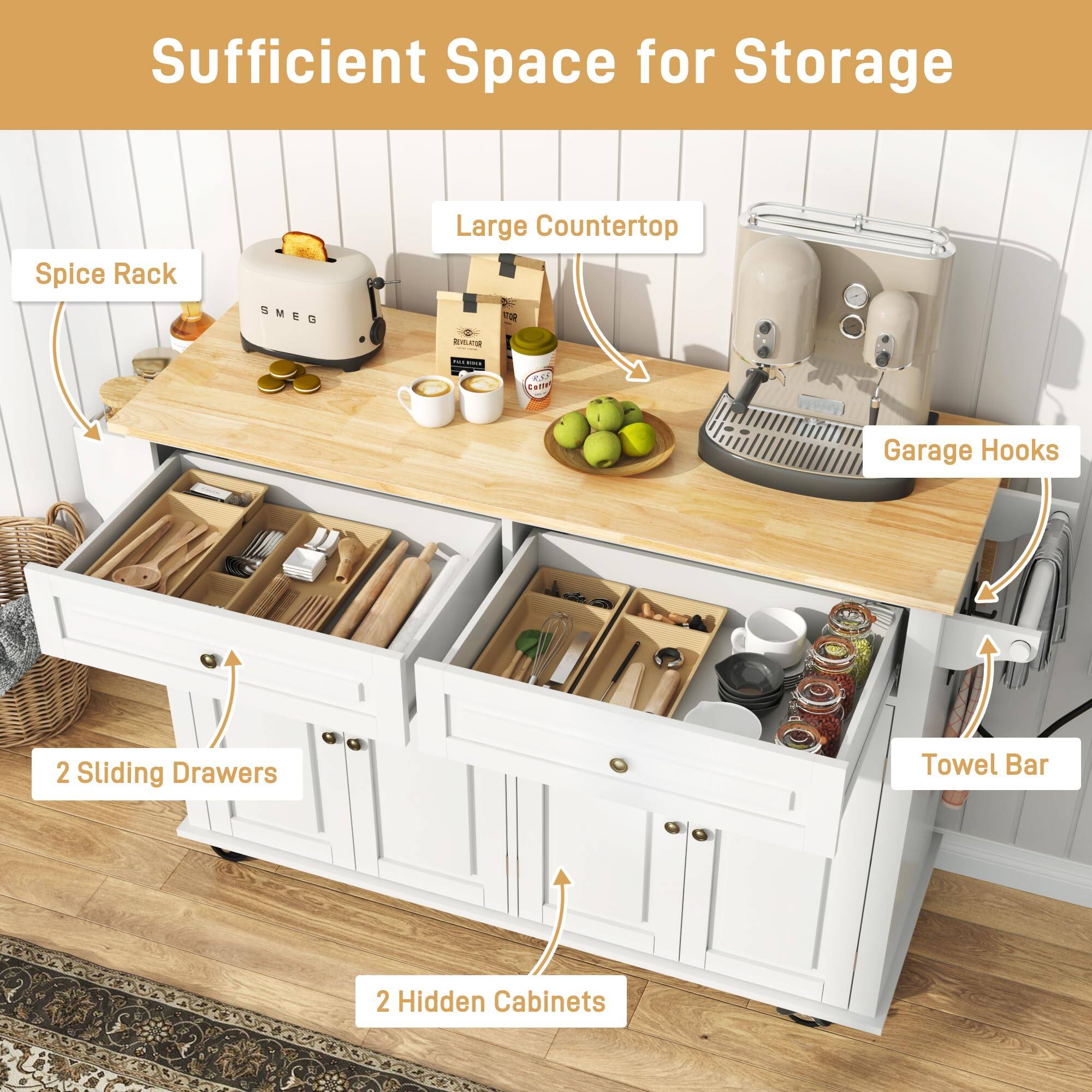 Sufficient Space for Storage  
- Spice Rack  
- Large Countertop  
- Garage Hooks  
- 2 Sliding Drawers  
- Towel Bar  
- 2 Hidden Cabinets