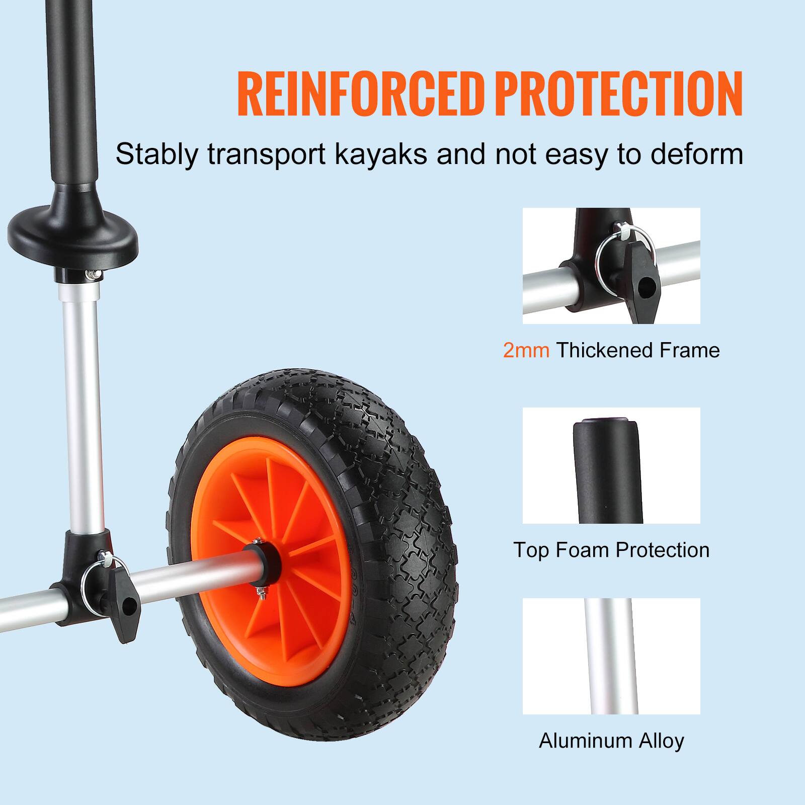 REINFORCED PROTECTION  
Stably transport kayaks and not easy to deform  

- 2mm Thickened Frame  
- Top Foam Protection  
- Aluminum Alloy
