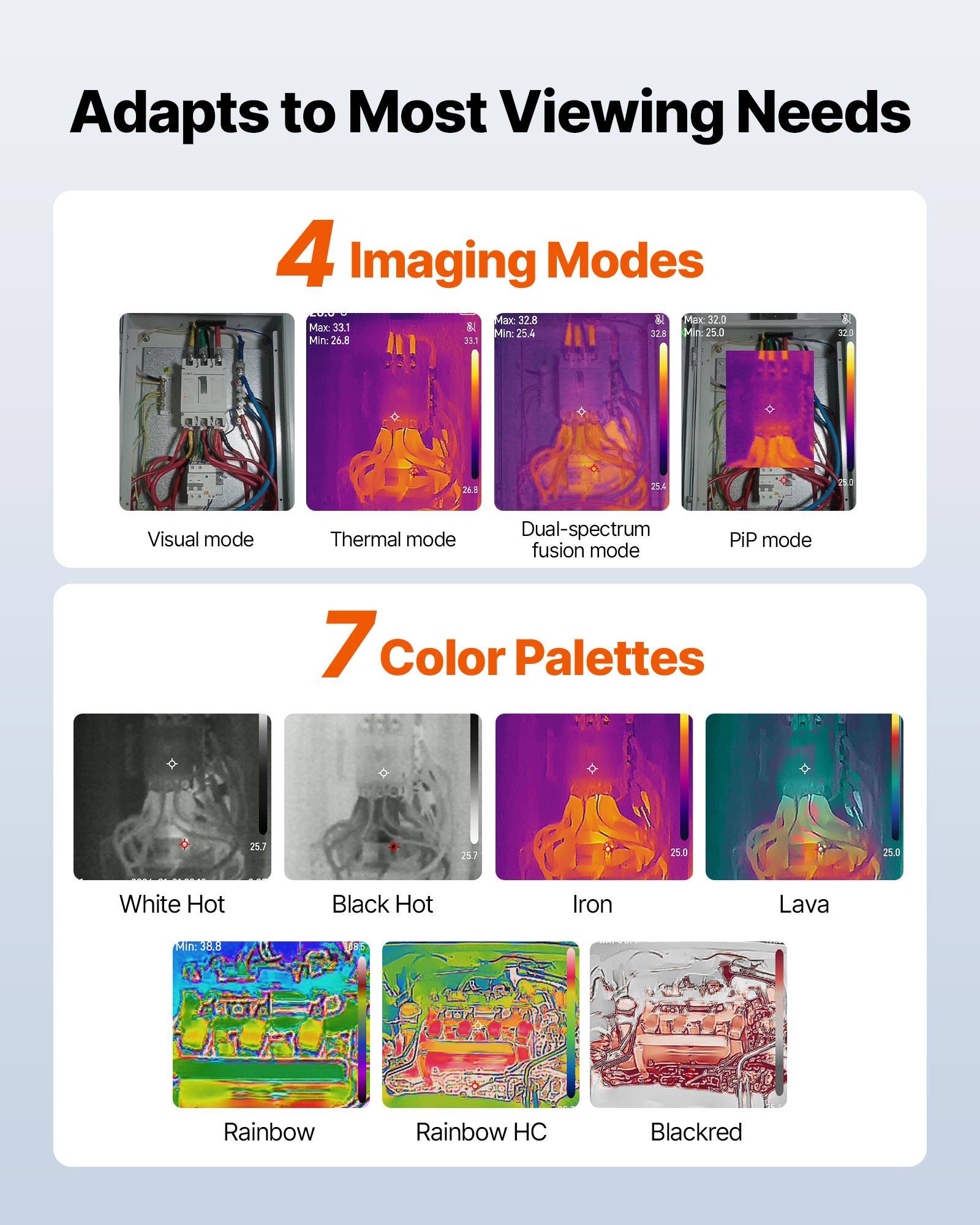 Adapts to Most Viewing Needs

4 Imaging Modes
- Visual mode
- Thermal mode
- Dual-spectrum fusion mode
- PiP mode

7 Color Palettes
- White Hot
- Black Hot
- Iron
- Lava
- Rainbow
- Rainbow HC
- Blackred