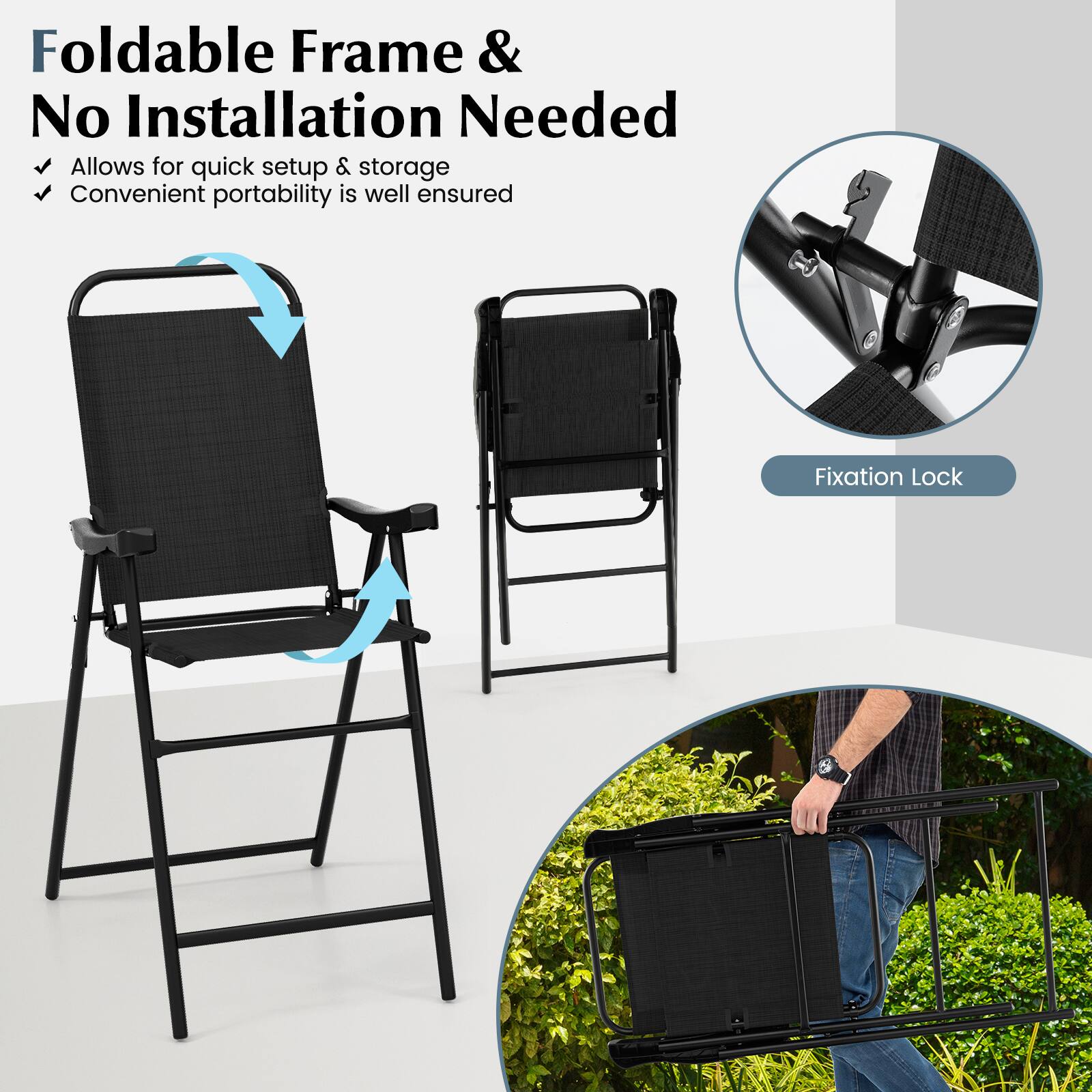 Foldable Frame & No Installation Needed  
Allows for quick setup & storage  
Convenient portability is well ensured  

Fixation Lock