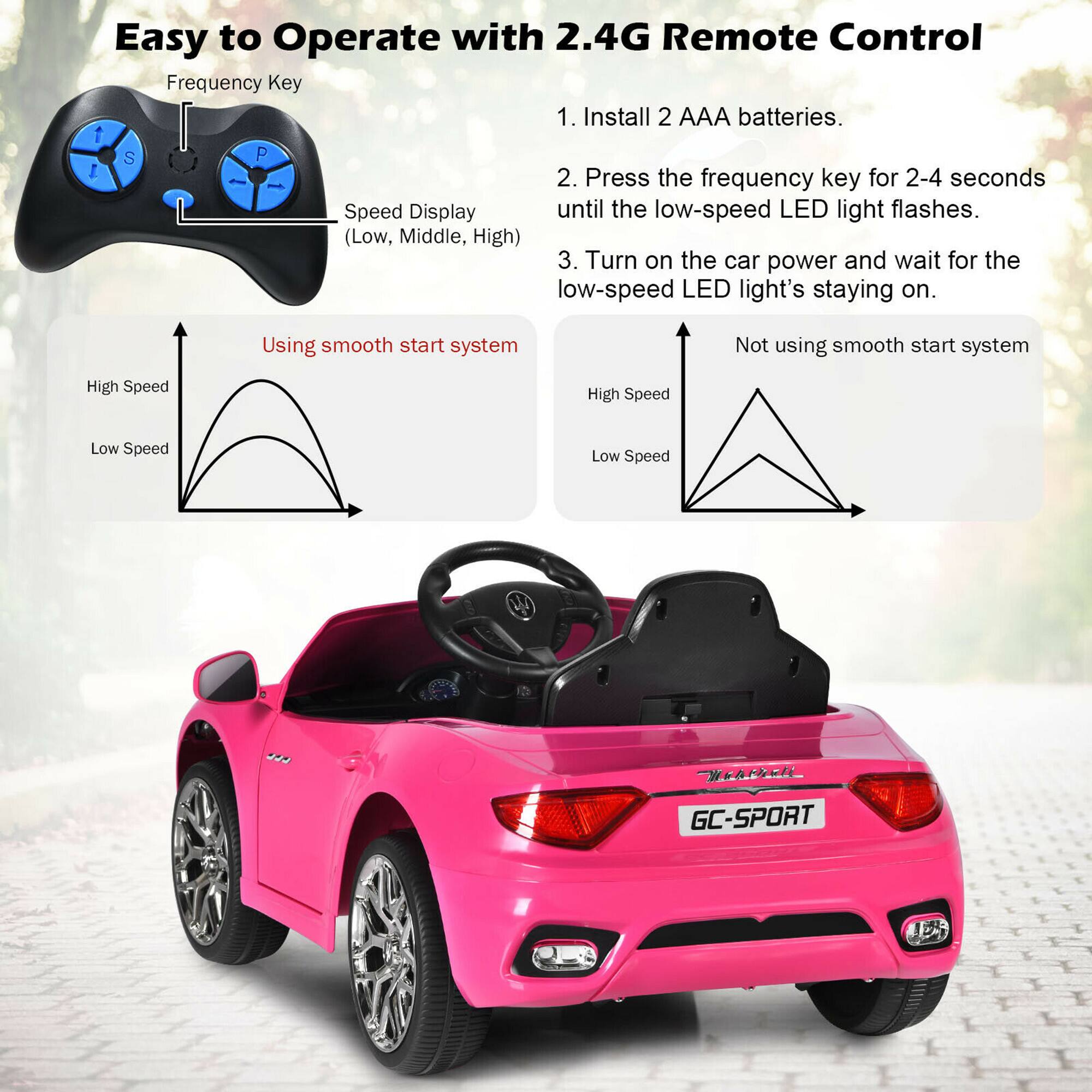 Easy to Operate with 2.4G Remote Control

1. Install 2 AAA batteries.
2. Press the frequency key for 2-4 seconds until the low-speed LED light flashes.
3. Turn on the car power and wait for the low-speed LED light's staying on.

Using smooth start system
Not using smooth start system

High Speed
Low Speed

GC-SPORT