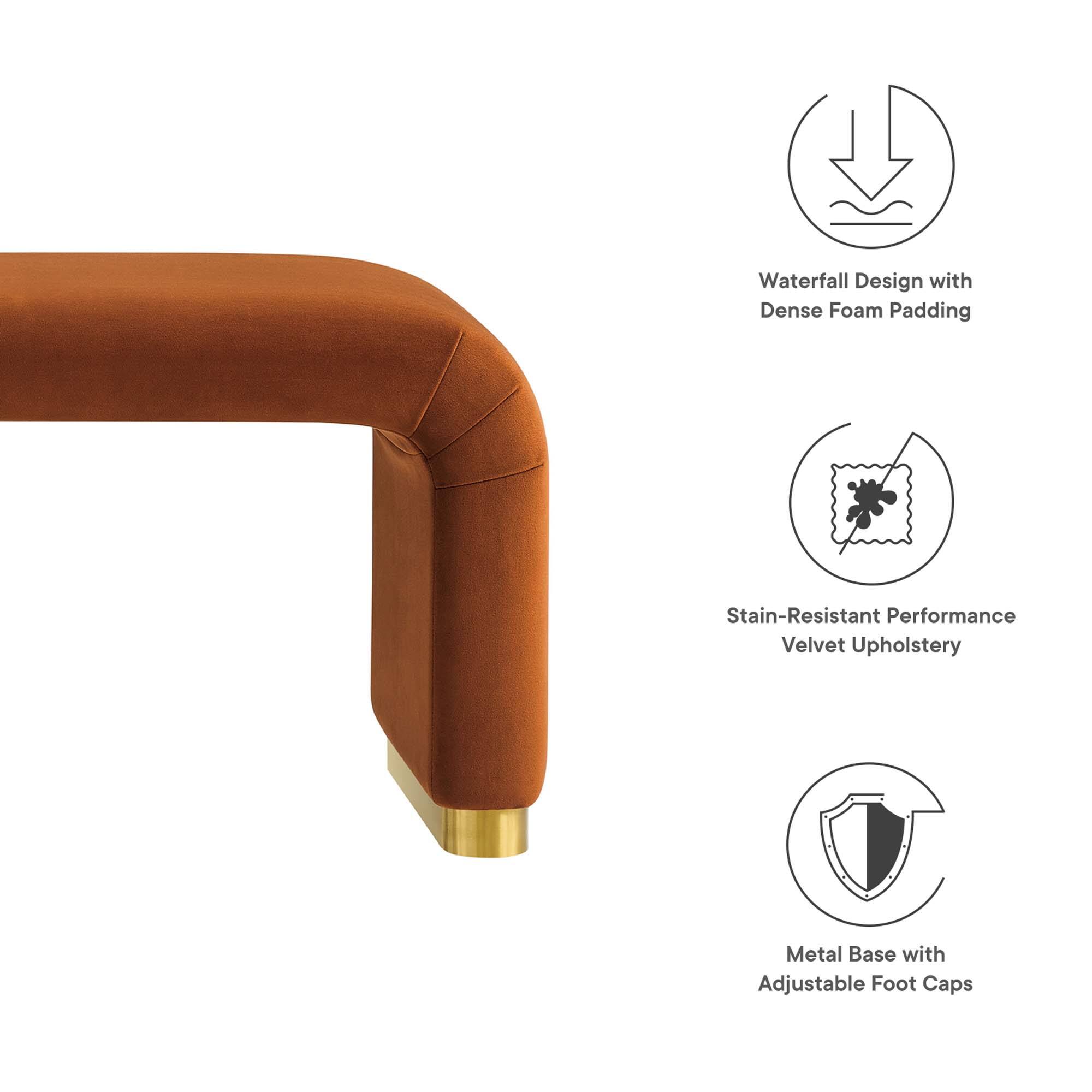 Waterfall Design with Dense Foam Padding  
Stain-Resistant Performance Velvet Upholstery  
Metal Base with Adjustable Foot Caps