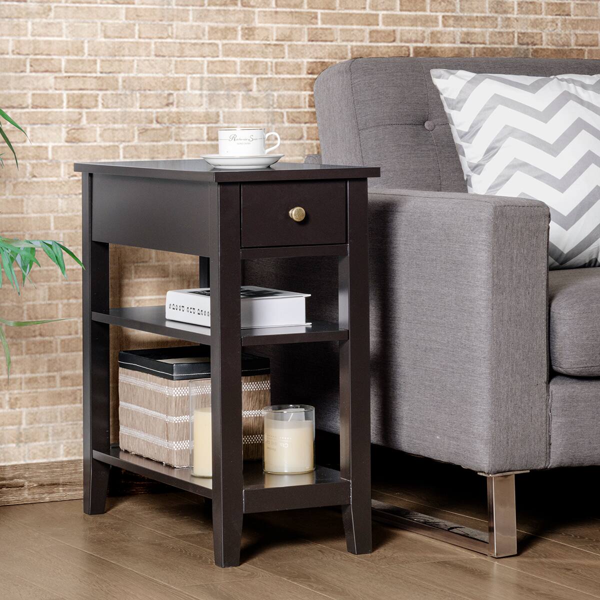 Alt View 1. Costway - Costway 3Tier Nightstand Bedside Table Sofa Side End Table w/Double Shelves Drawer - Brown.