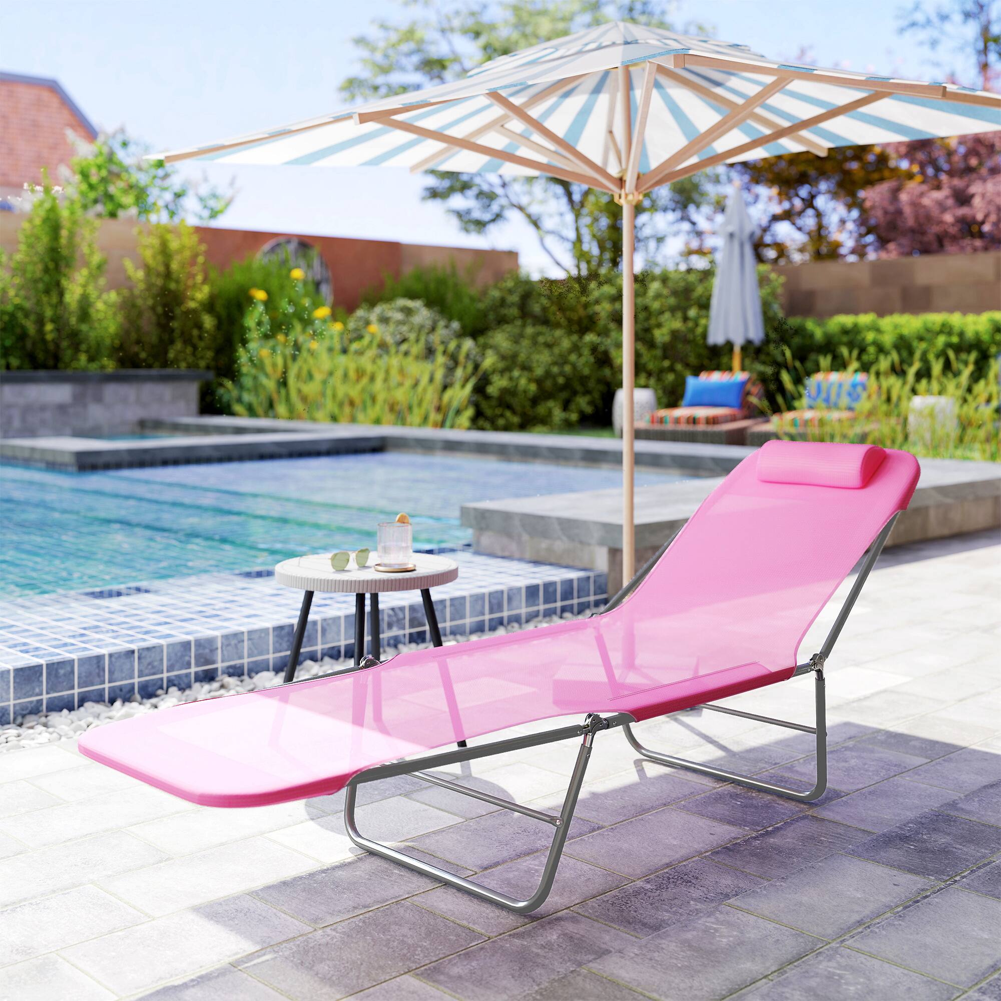 Alt View 7. Outsunny - Folding Chaise Lounge Chair, Pool Sun Tanning Chair, Outdoor Lounge Chair with Reclining Back, Breathable Mesh Seat - Pink.