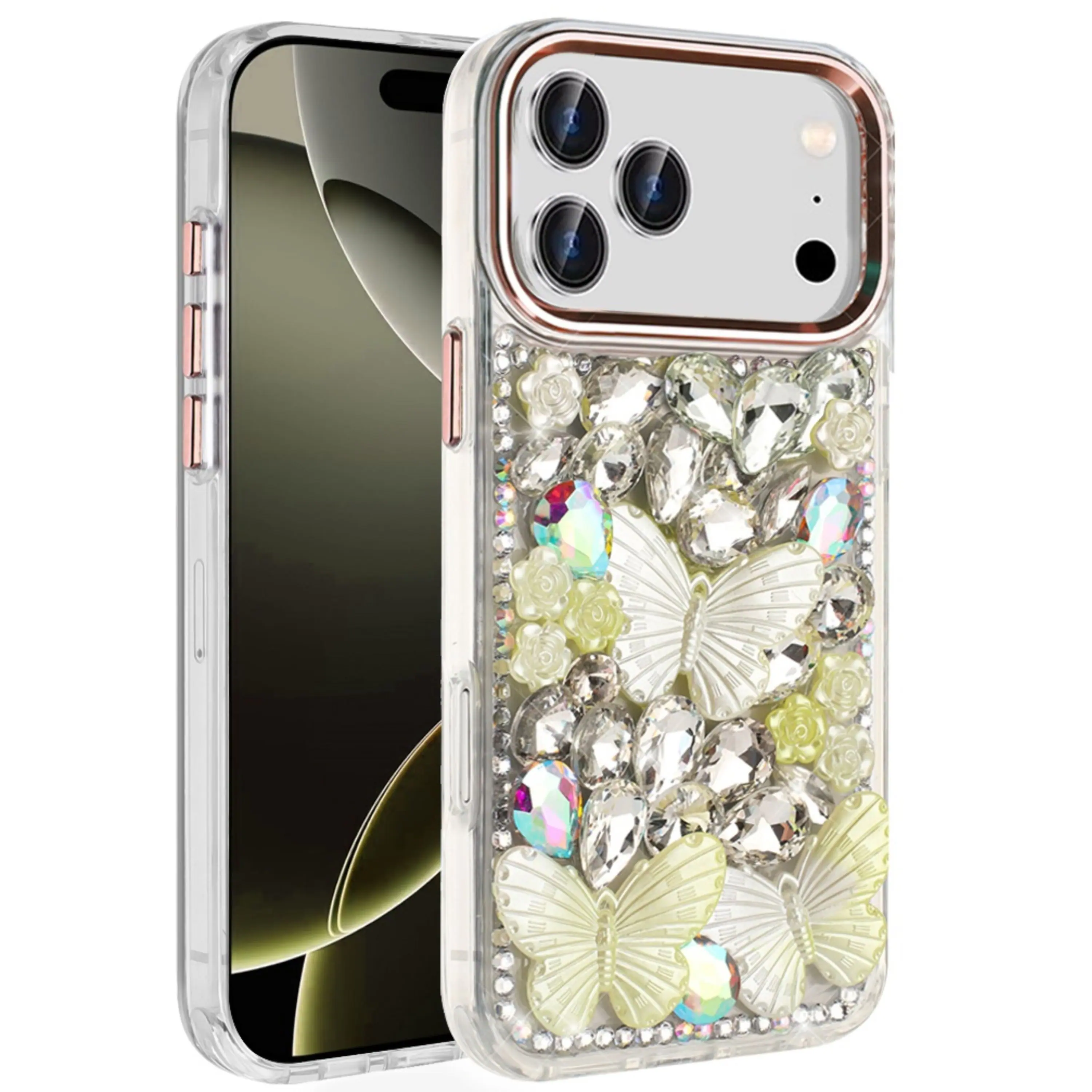 Front. Kitcheniva - Glamorous Diamond Butterfly Bling Case With Tempered Glass For iPhone 17 Pro Max Rose Gold - Rose Gold.