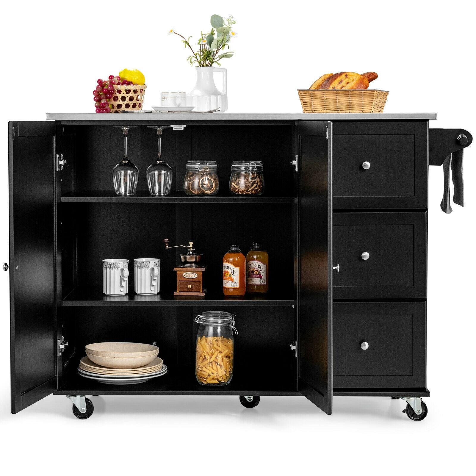 Alt View 2. SlickBlue - Rolling Kitchen Island with Stainless Steel Top and 3 Drawers, Storage Cabinet - Black.